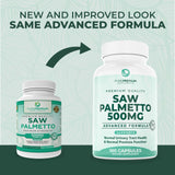 PurePremium Saw Palmetto 500mg capsules on a wooden table