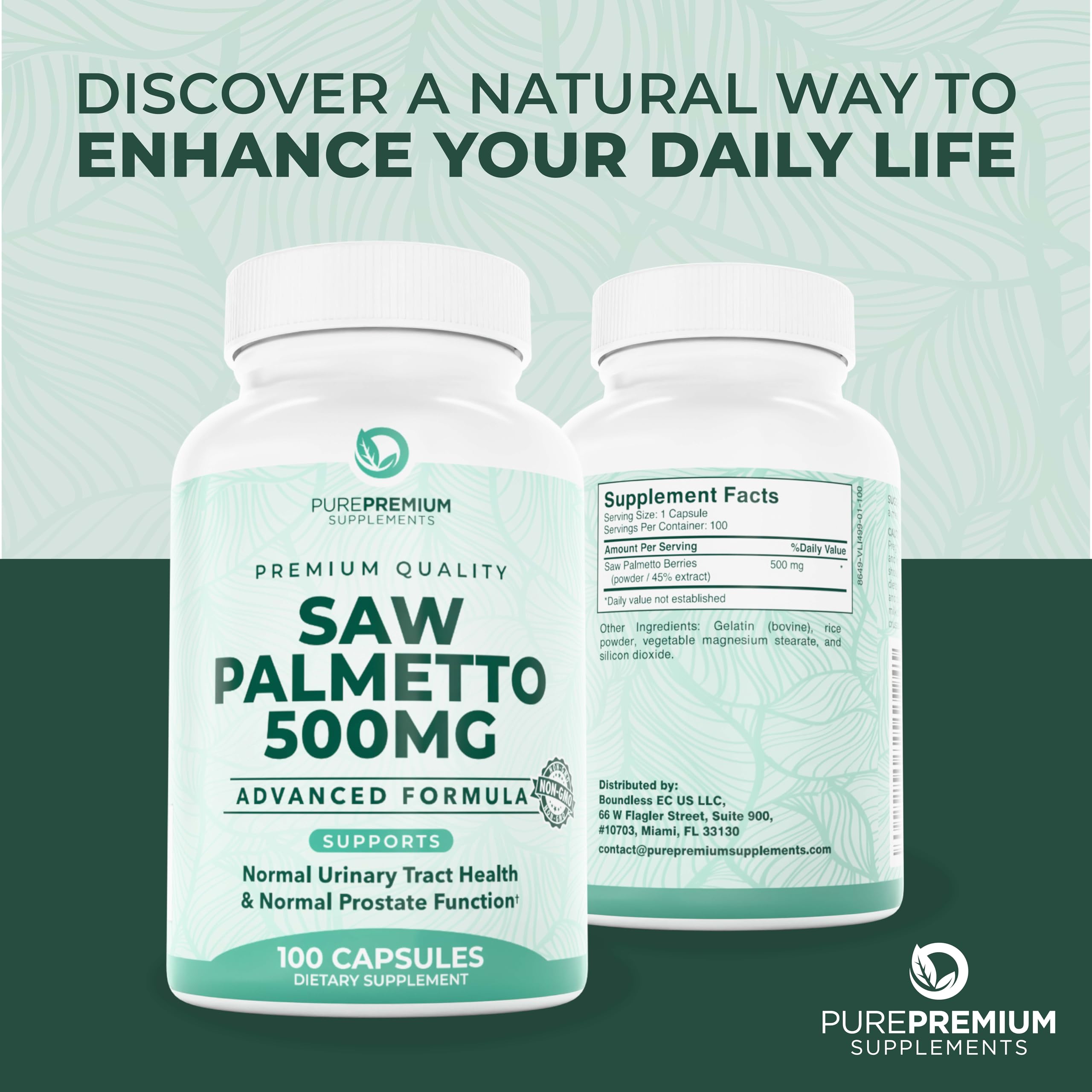 PurePremium Saw Palmetto 500mg capsules packaging