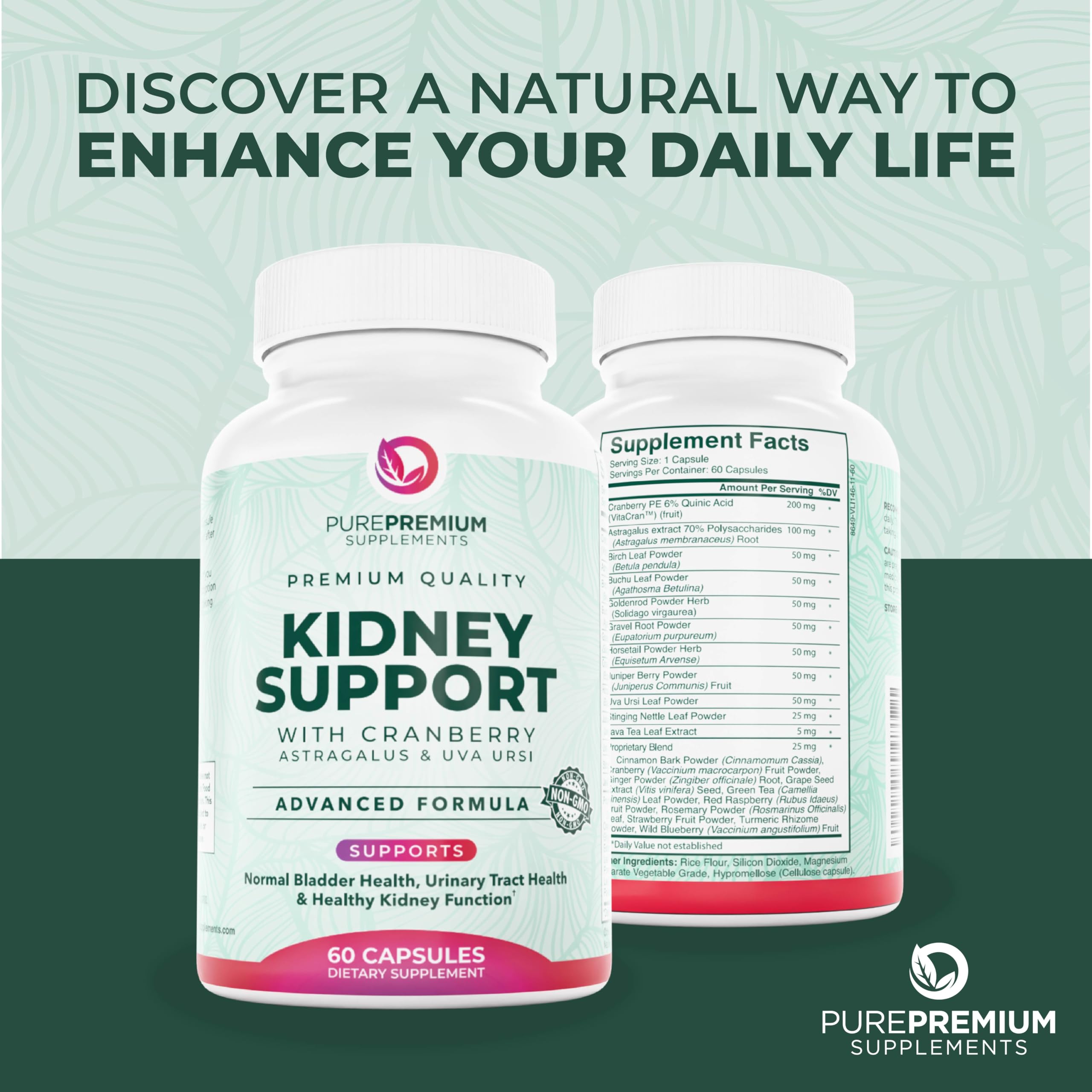 PurePremium Supplements Astragalus Kidney Support 90 Capsules with a glass of water