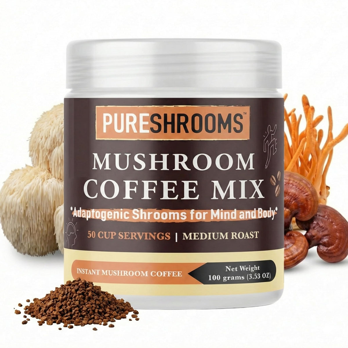 PureShrooms Instant Coffee front view packaging