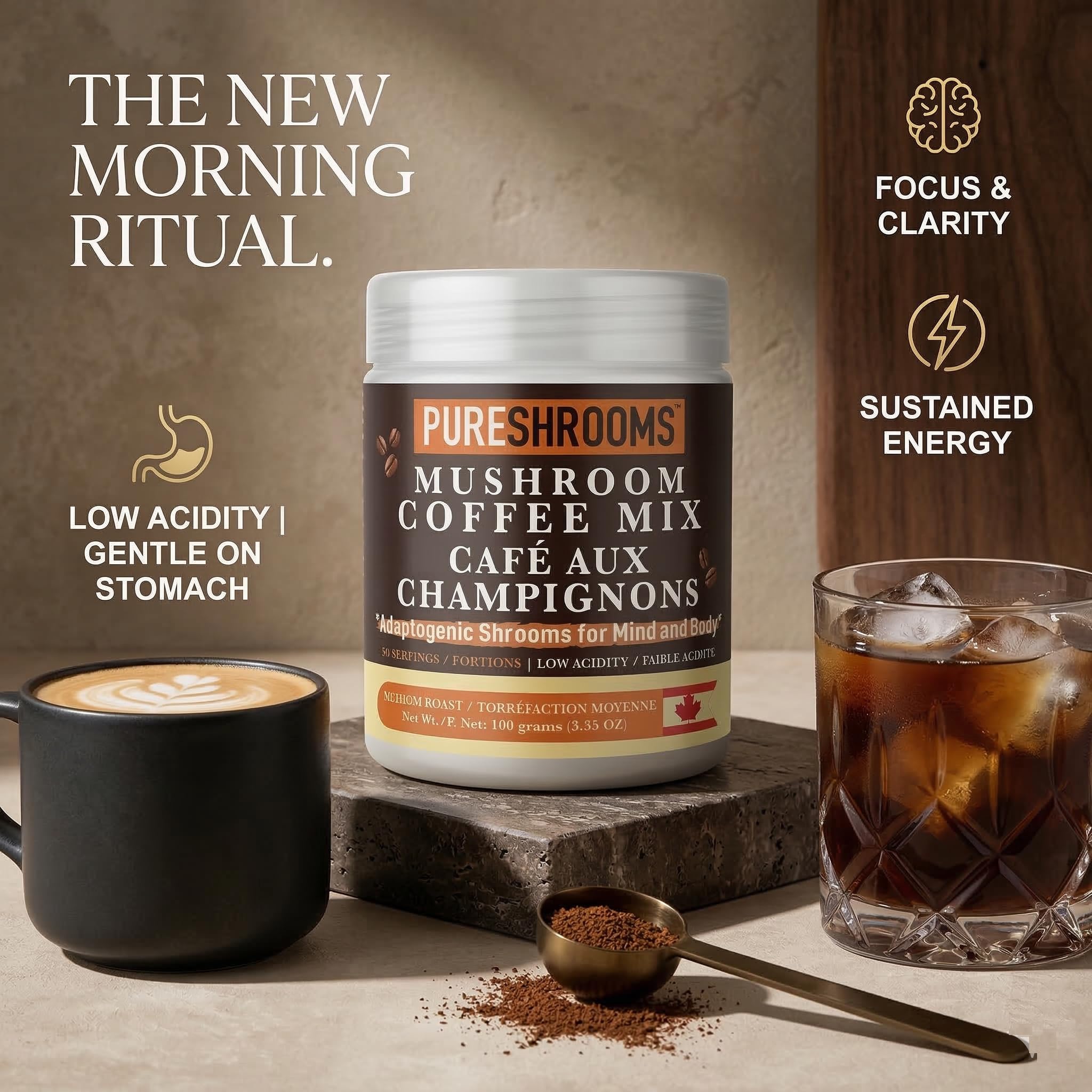 PureShrooms Instant Coffee lifestyle scene with coffee cup