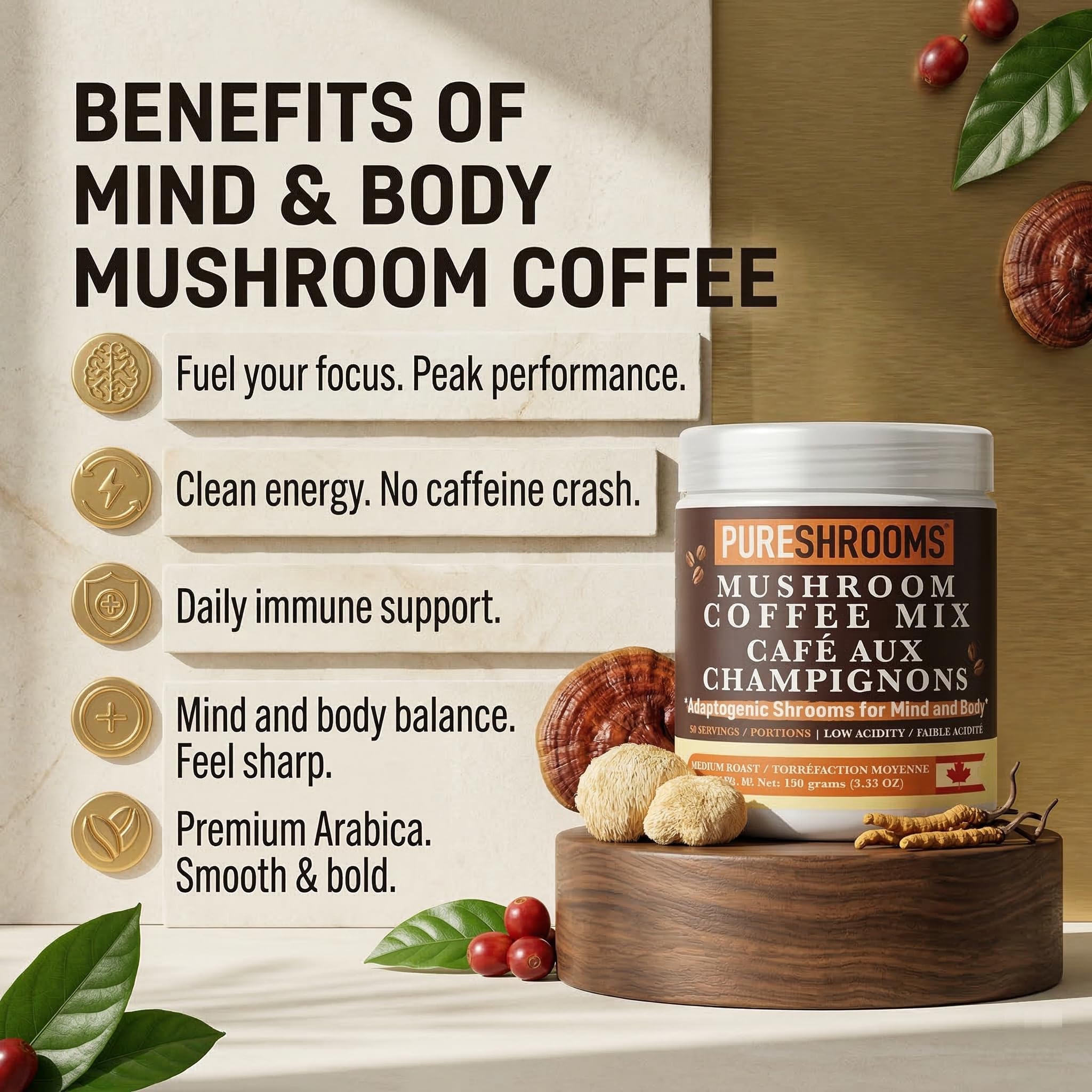 PureShrooms Instant Coffee powder in a cup