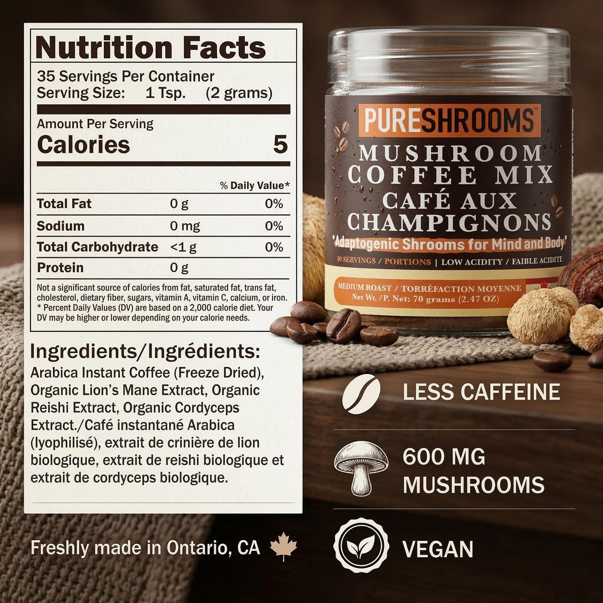 PureShrooms Mind & Body Instant Coffee in a cup