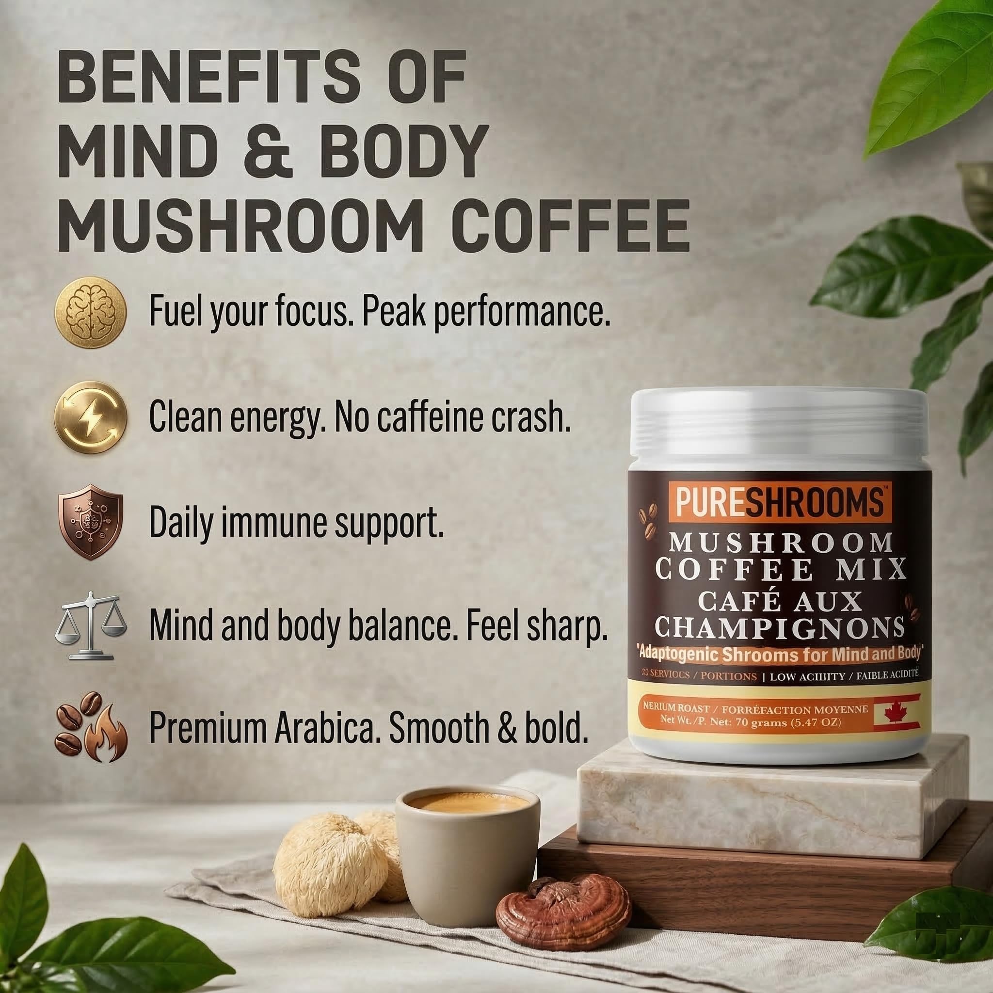 PureShrooms Mind & Body Instant Coffee powder close-up