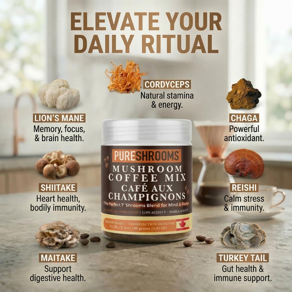PureShrooms Perfect 7 Instant Coffee preparation with hot water