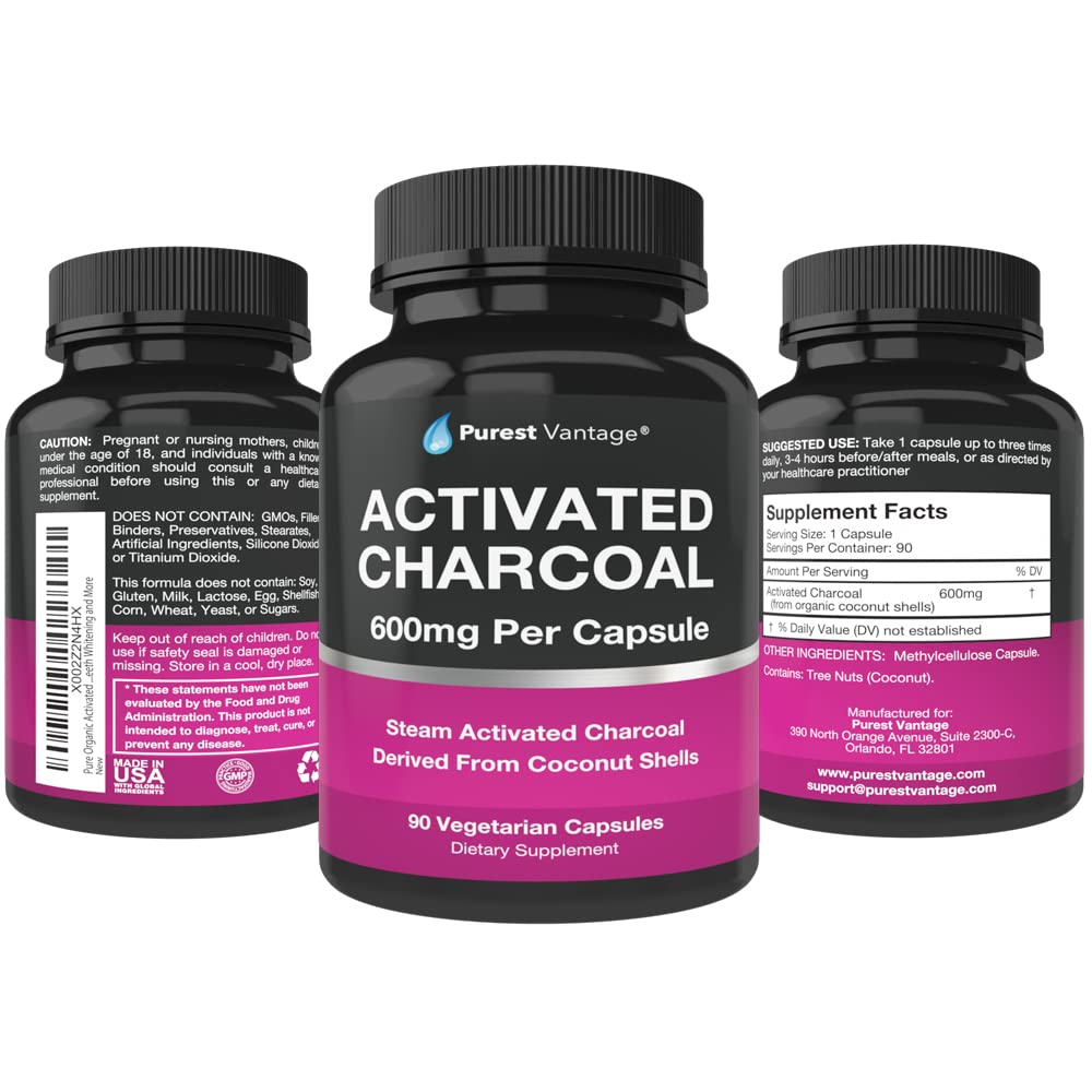 Purest Vantage Activated Charcoal Capsules 600mg packaging details