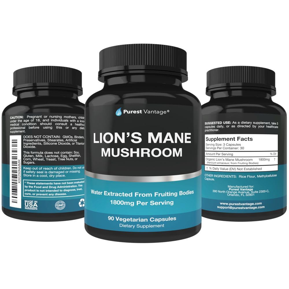 Purest Vantage Lion's Mane Mushroom Supplement packaging with ingredients