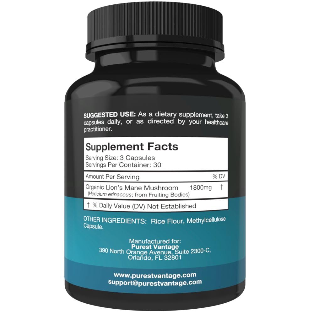 Purest Vantage Lion's Mane Mushroom Supplement side view with label