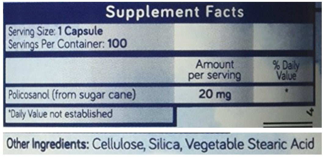 Puresugar cane Policosanol 20mg capsules opened bottle
