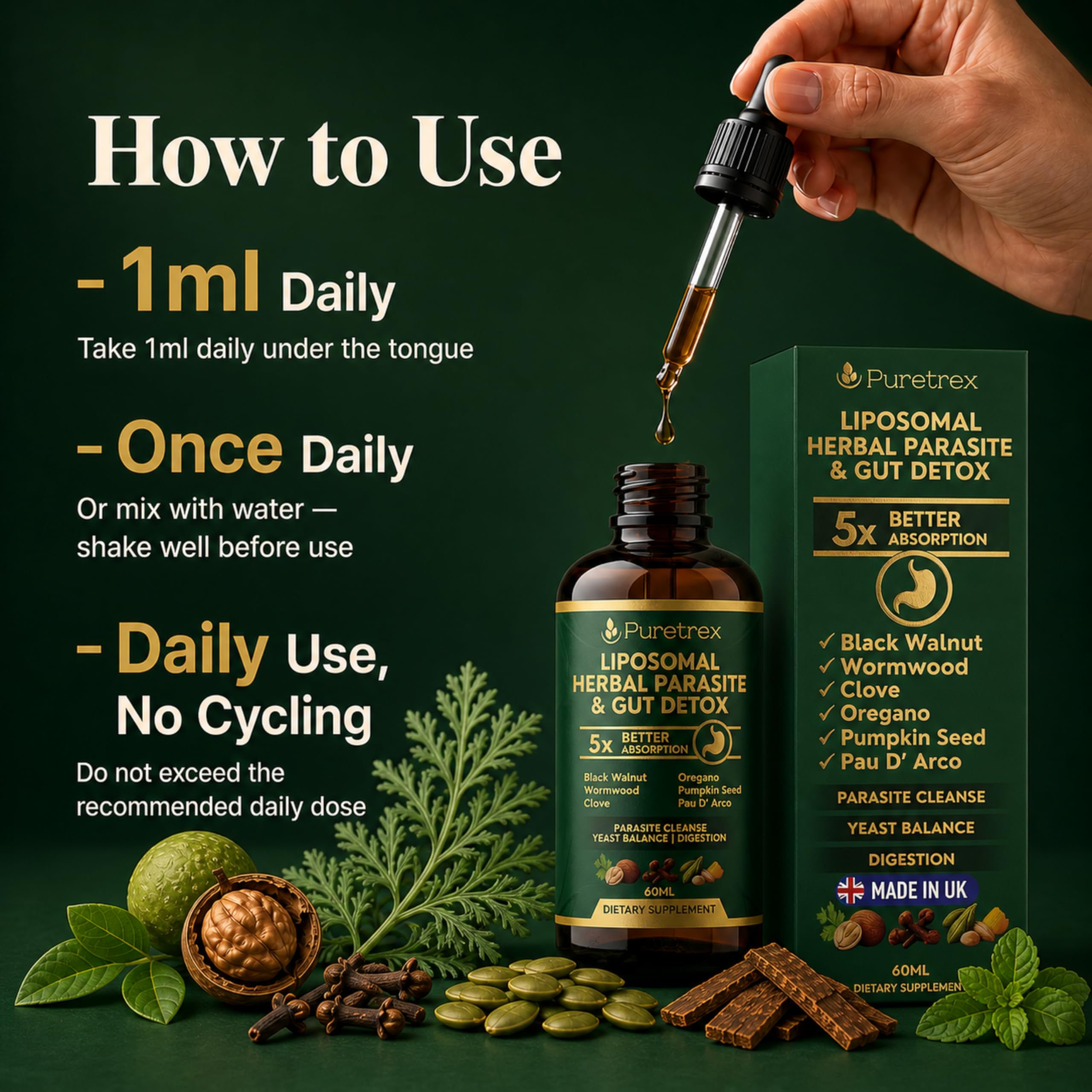 PURETREX Herbal Cleanse Drops lifestyle shot on a kitchen counter