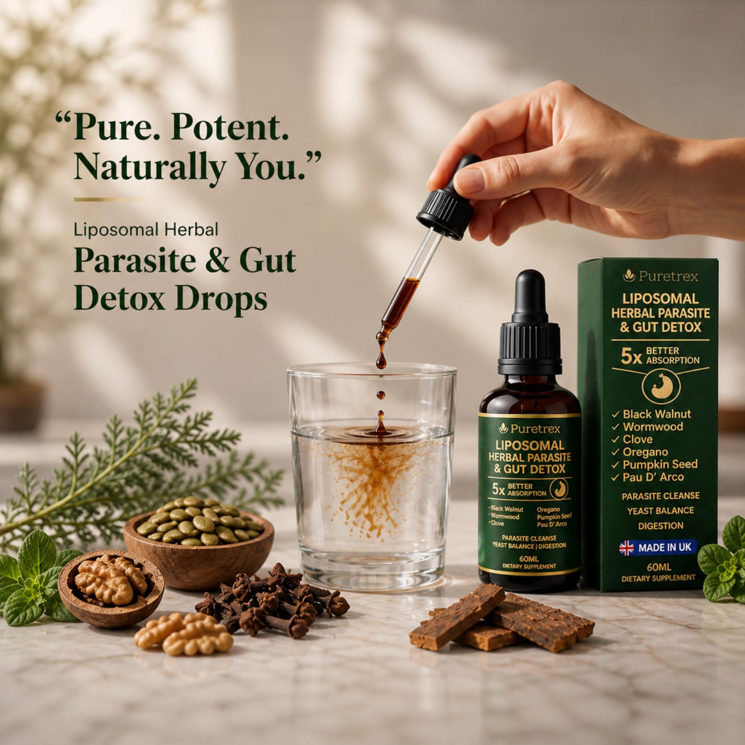 PURETREX Herbal Cleanse Drops with a measuring spoon