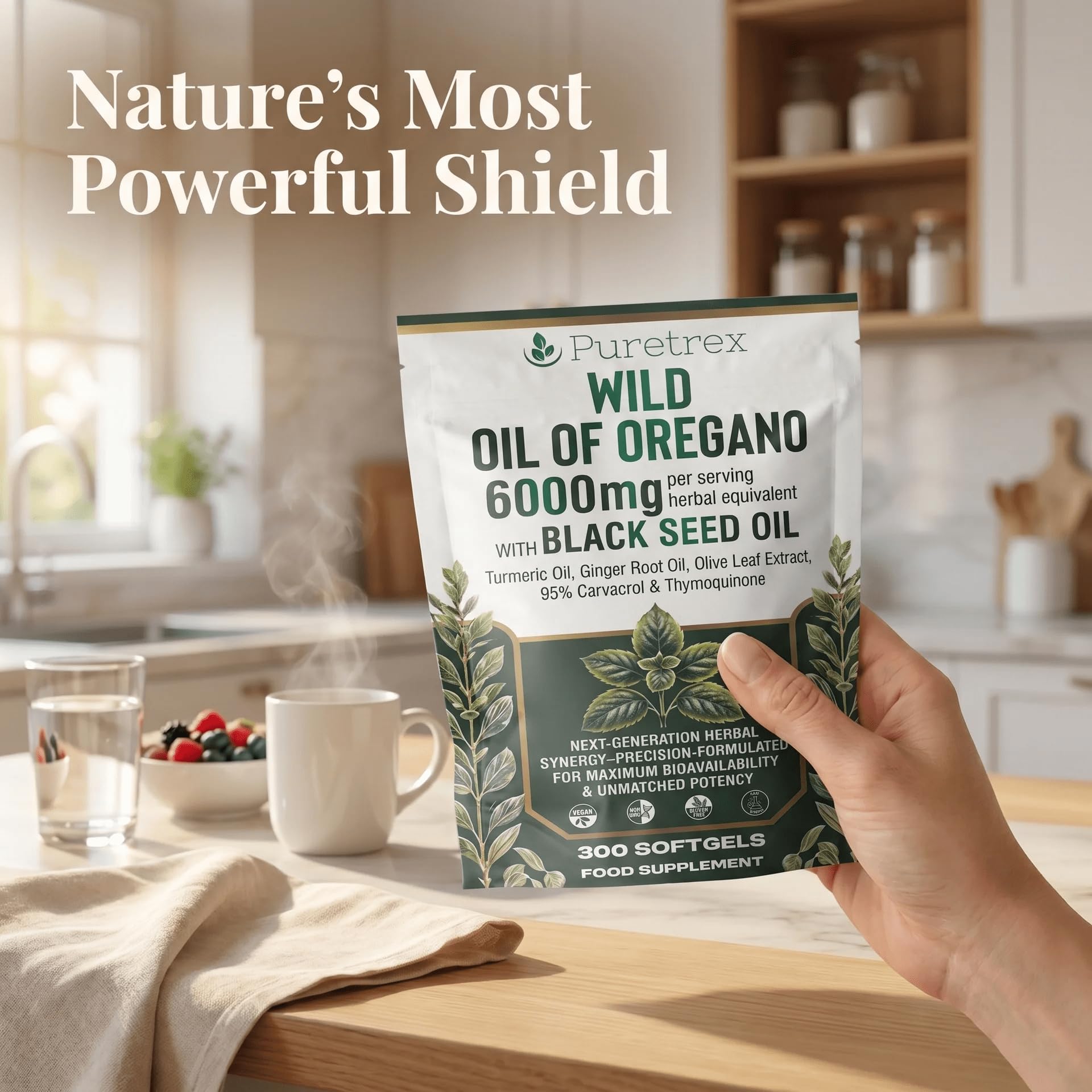 PURETREX Oregano Oil Softgels side view showing softgel capsules