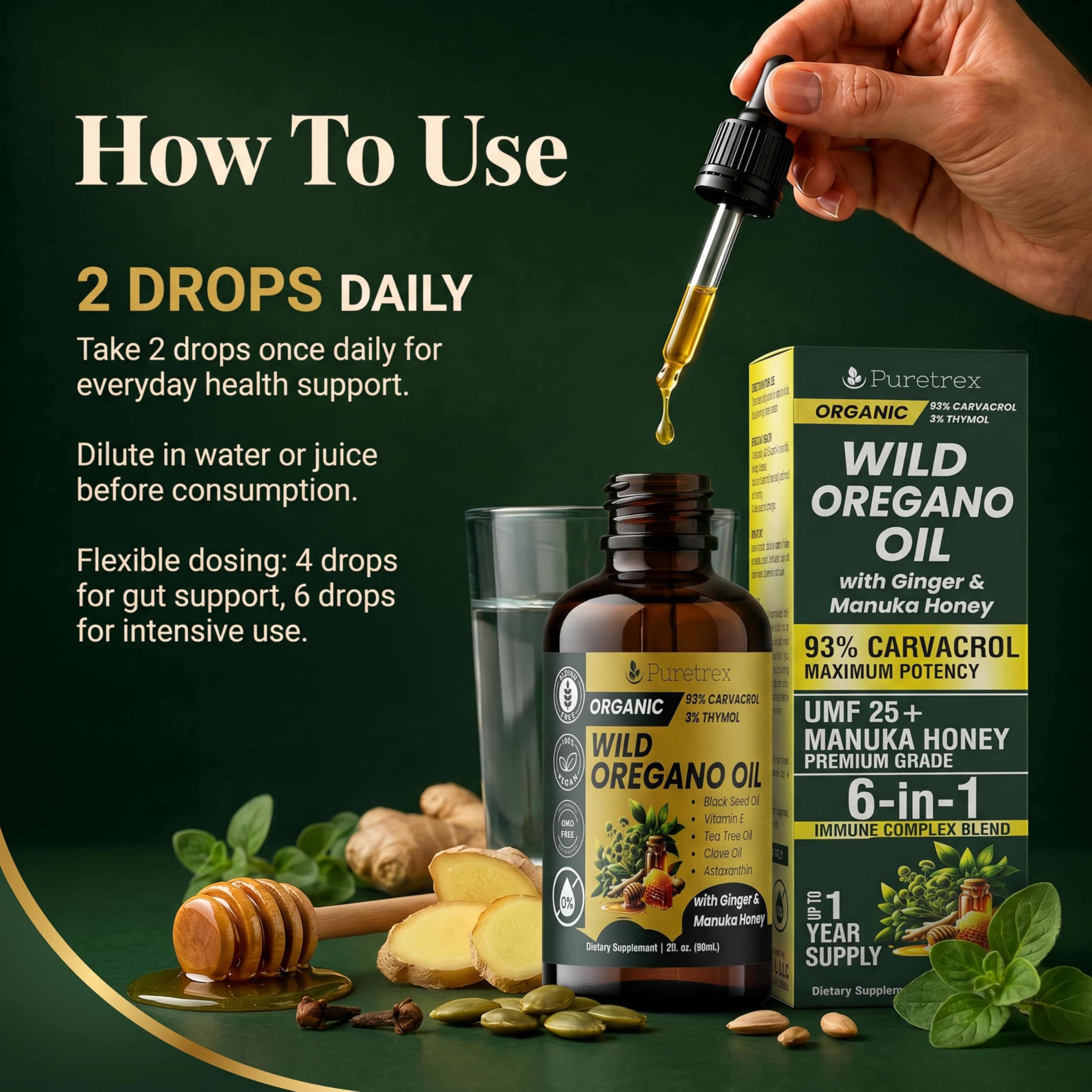PURETREX Oregano Oil Supplement bottle on a wooden table