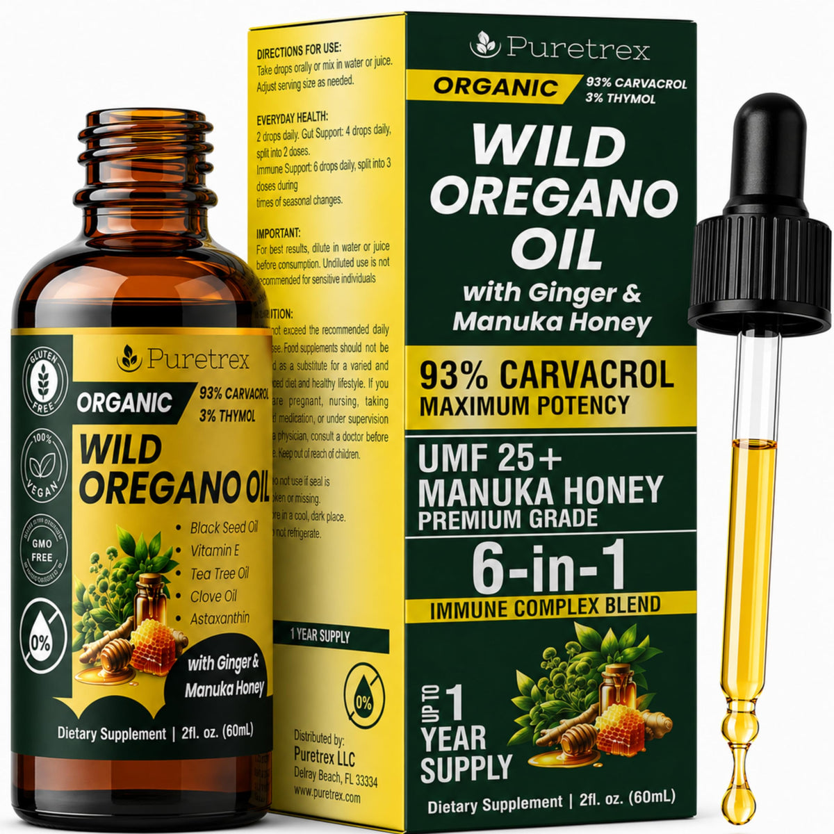 PURETREX Oregano Oil Supplement front view with dropper