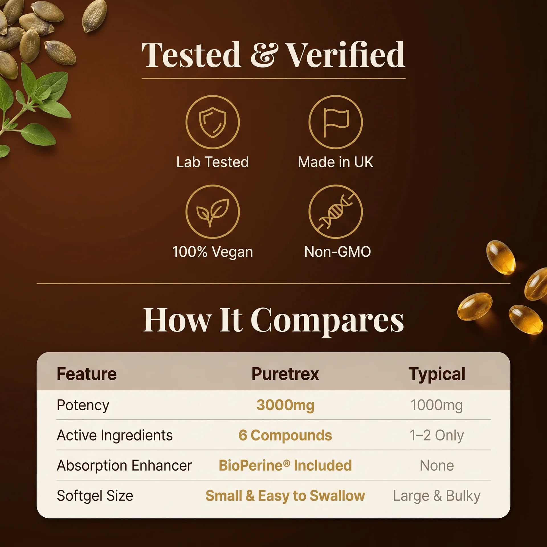 PURETREX Pumpkin Seed Oil Softgels 3000mg on a wooden table