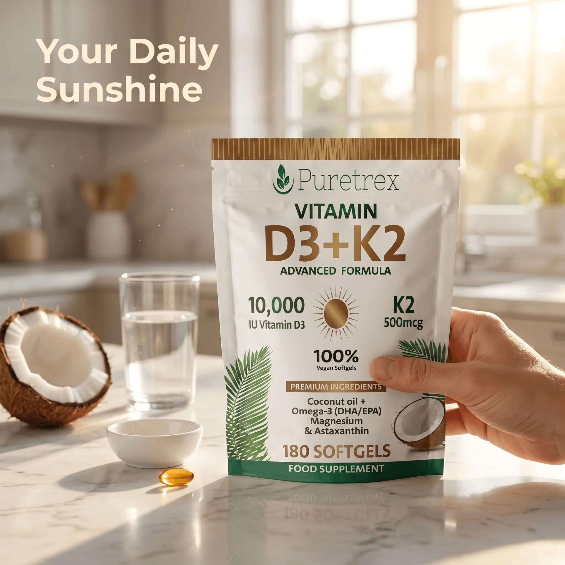 PURETREX Vitamin D3 K2 Softgels 10000 IU side view