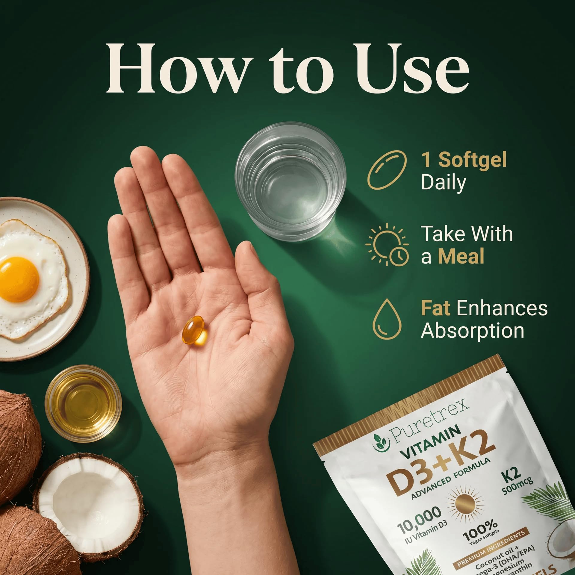 PURETREX Vitamin D3 K2 Softgels 10000 IU with breakfast