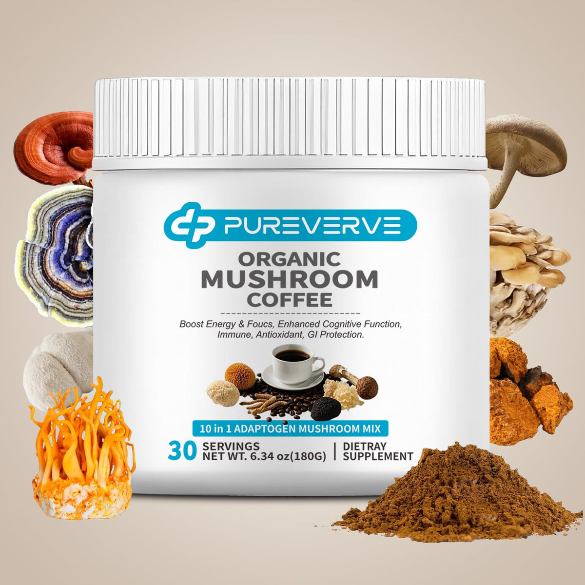 Pureverve 10 Mushroom Coffee Blend 240g front view