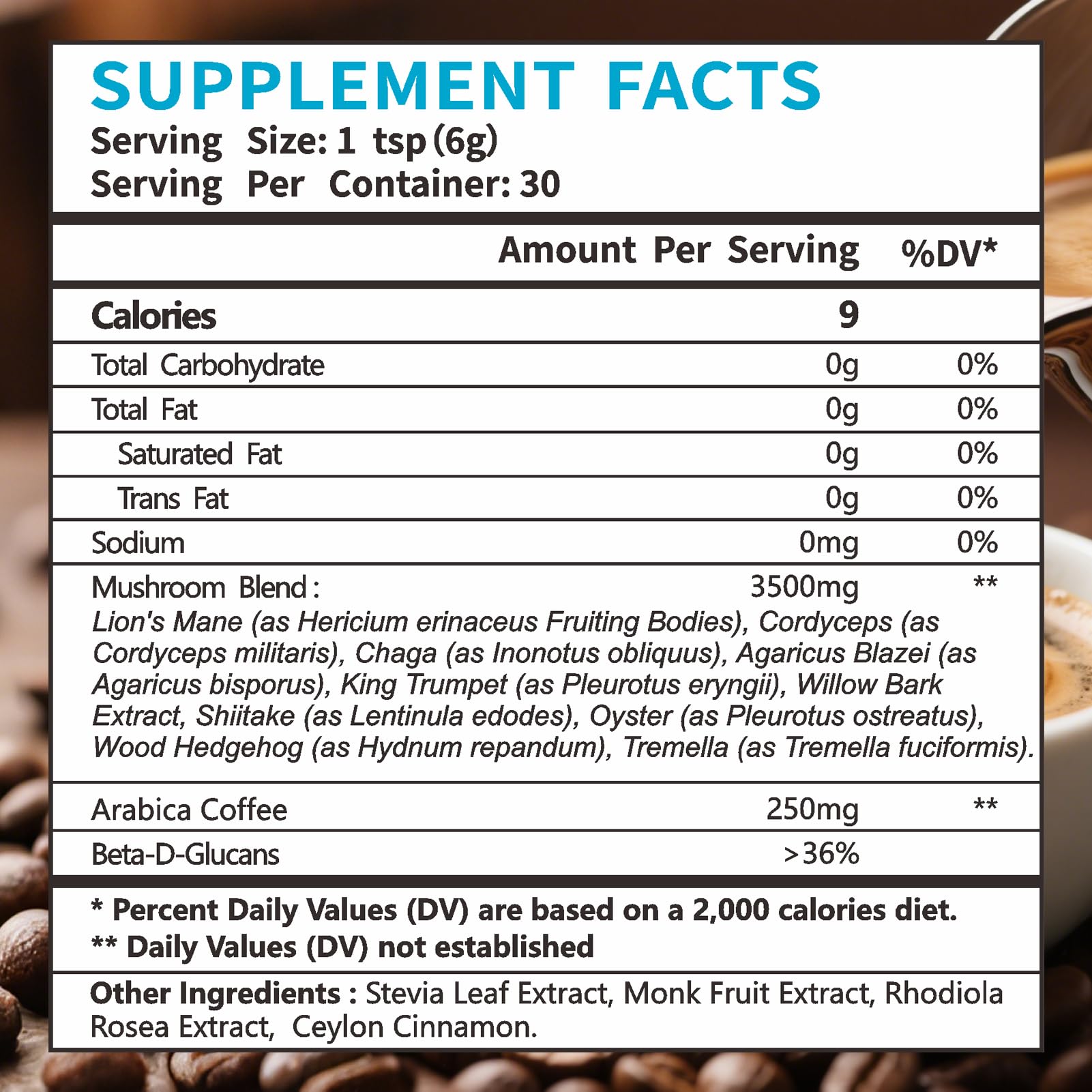 Pureverve 10 Mushroom Coffee Blend ingredients list