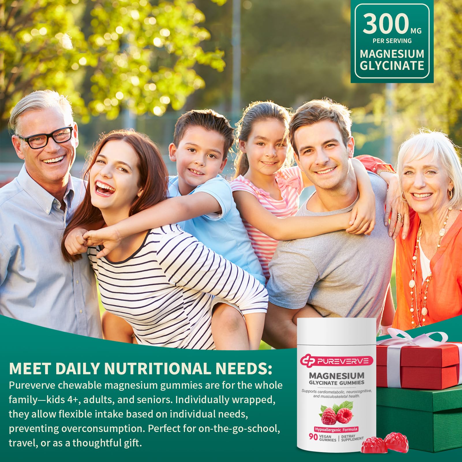 Pureverve Magnesium Glycinate Gummies with two gummies on a plate