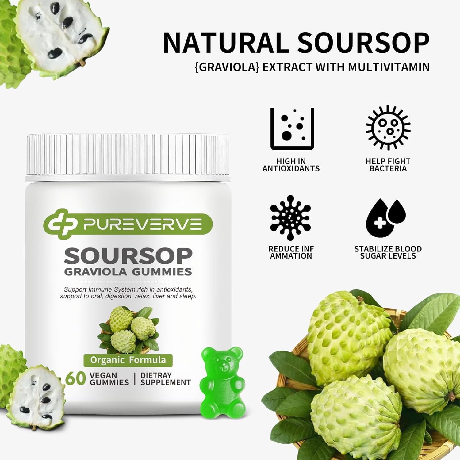 Pureverve Soursop Leaf Extract Gummies displayed on a wooden table
