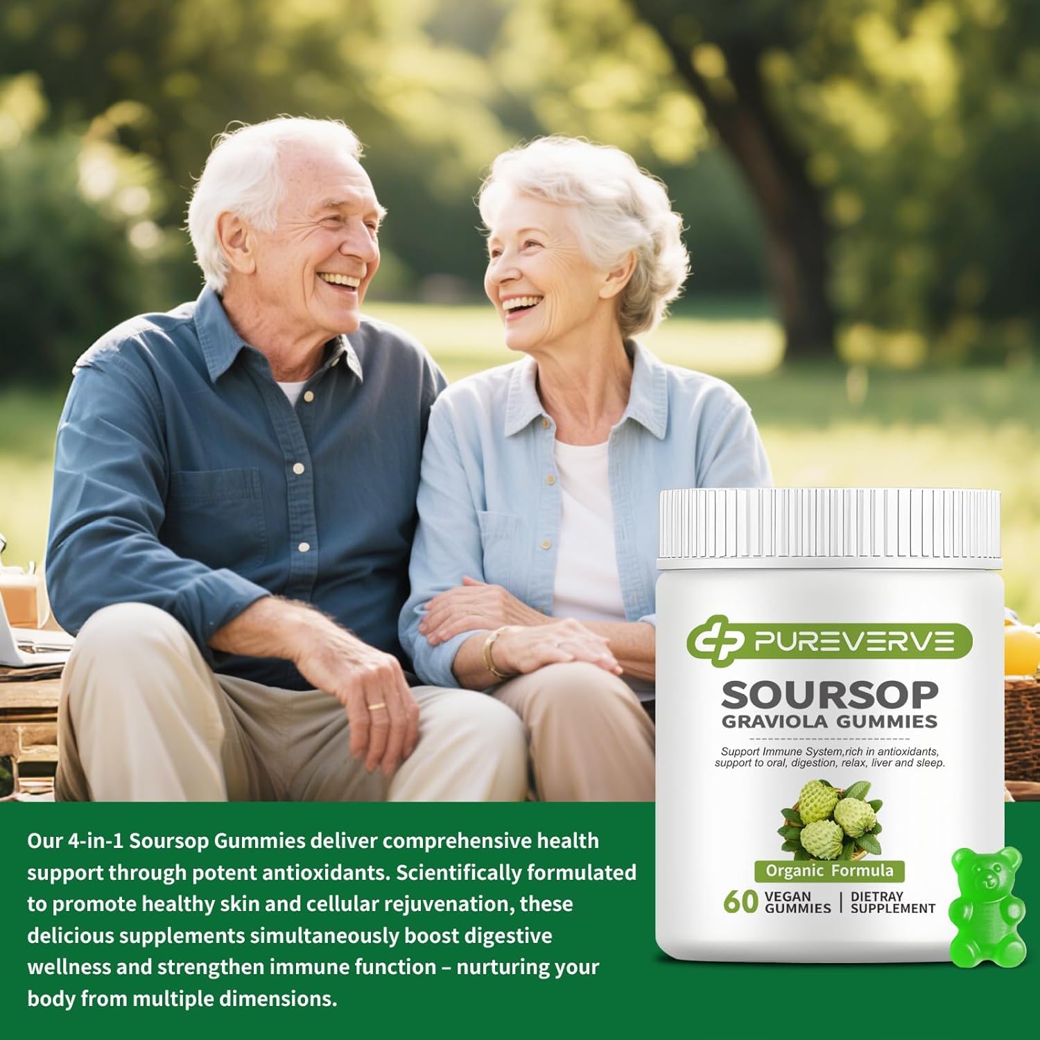 Pureverve Soursop Leaf Extract Gummies with fresh soursop leaves