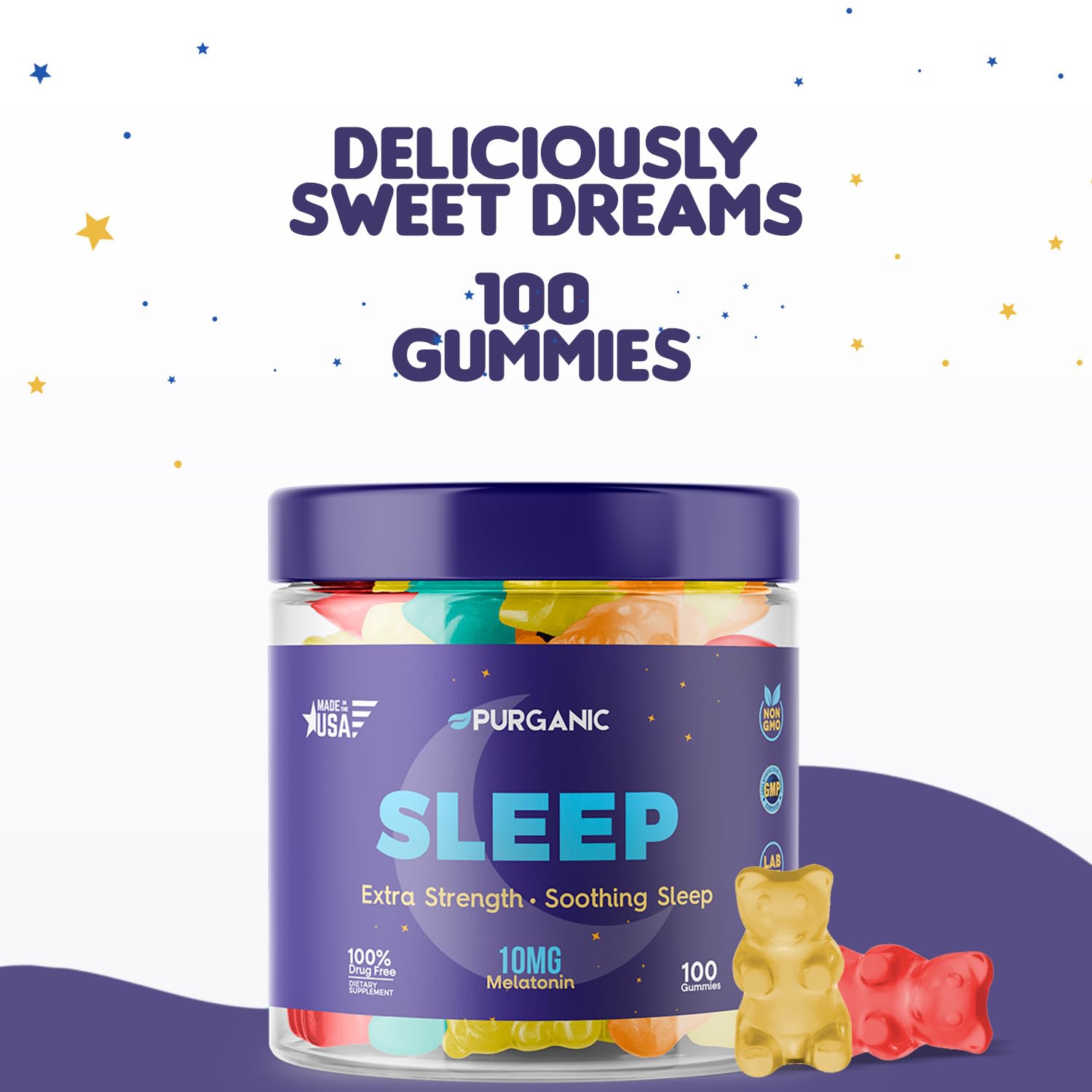 Purganic Melatonin Gummies on a wooden table with a glass of water