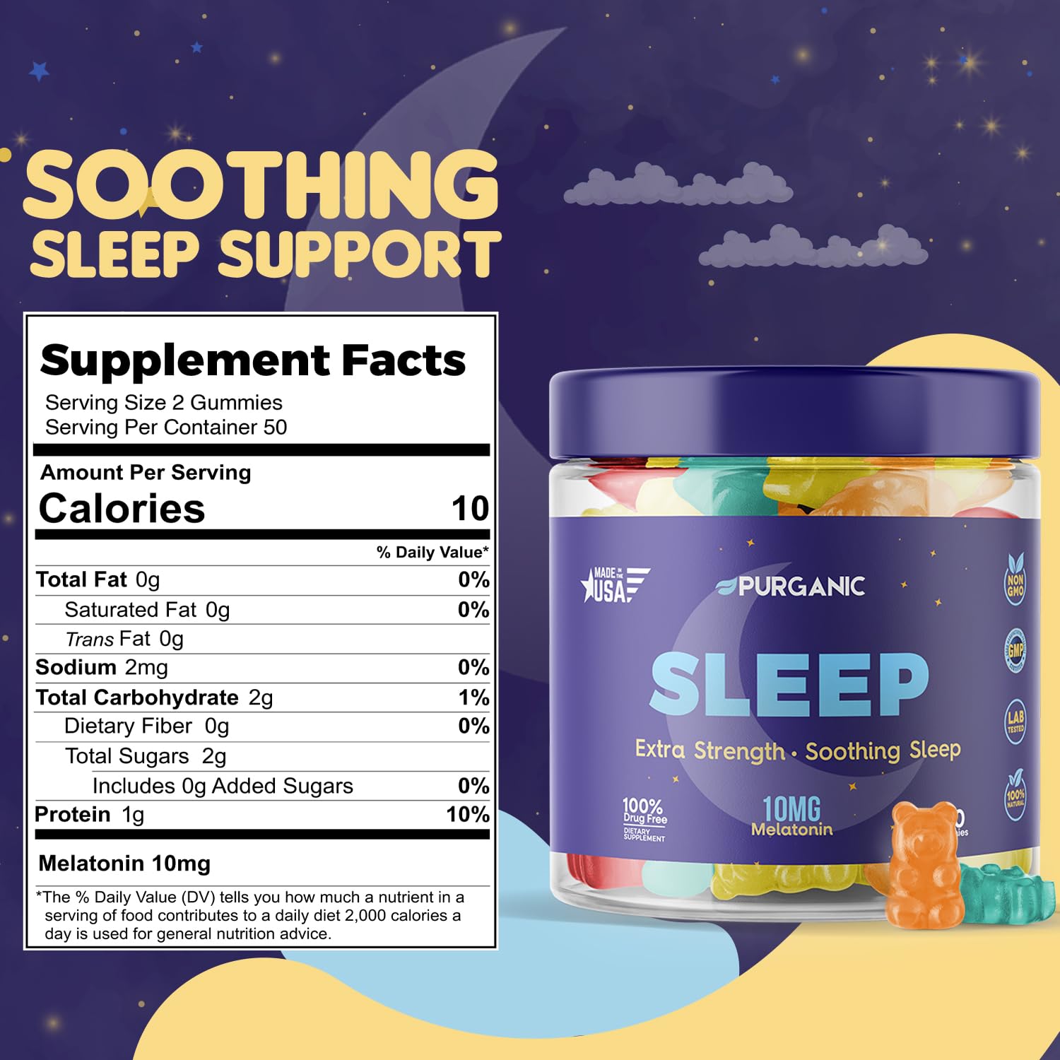 Purganic Melatonin Gummies packaging with natural blueberry flavour