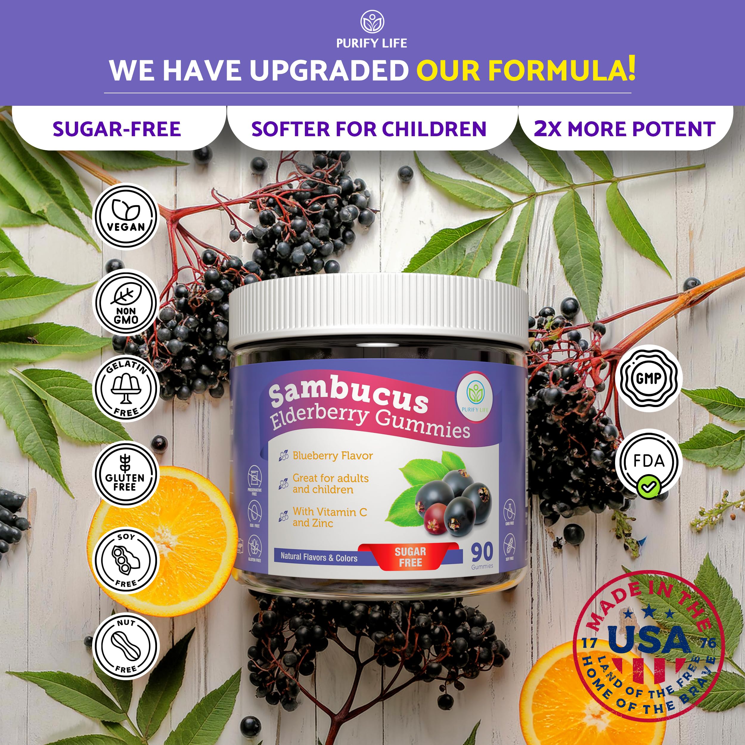 Purify Life Elderberry Gummies side view showing ingredients