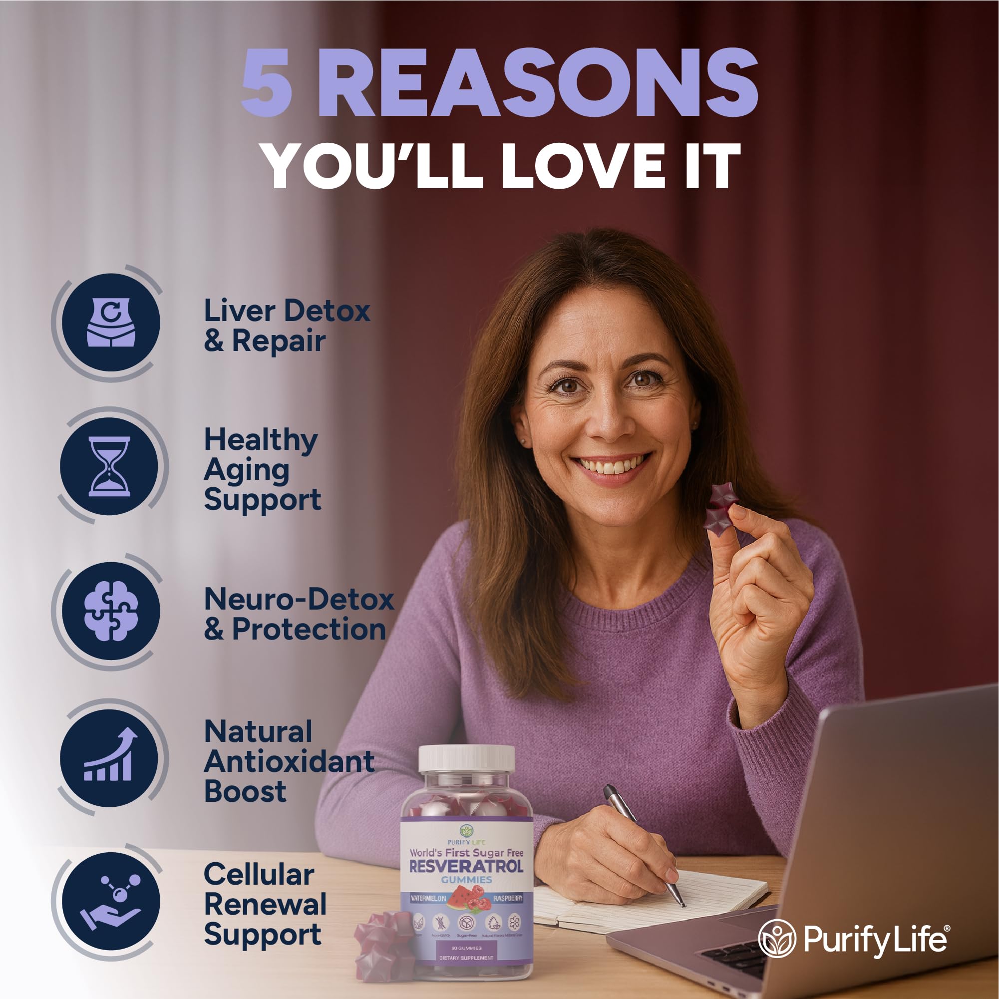 Purify Life Resveratrol Gummies back view with ingredient list
