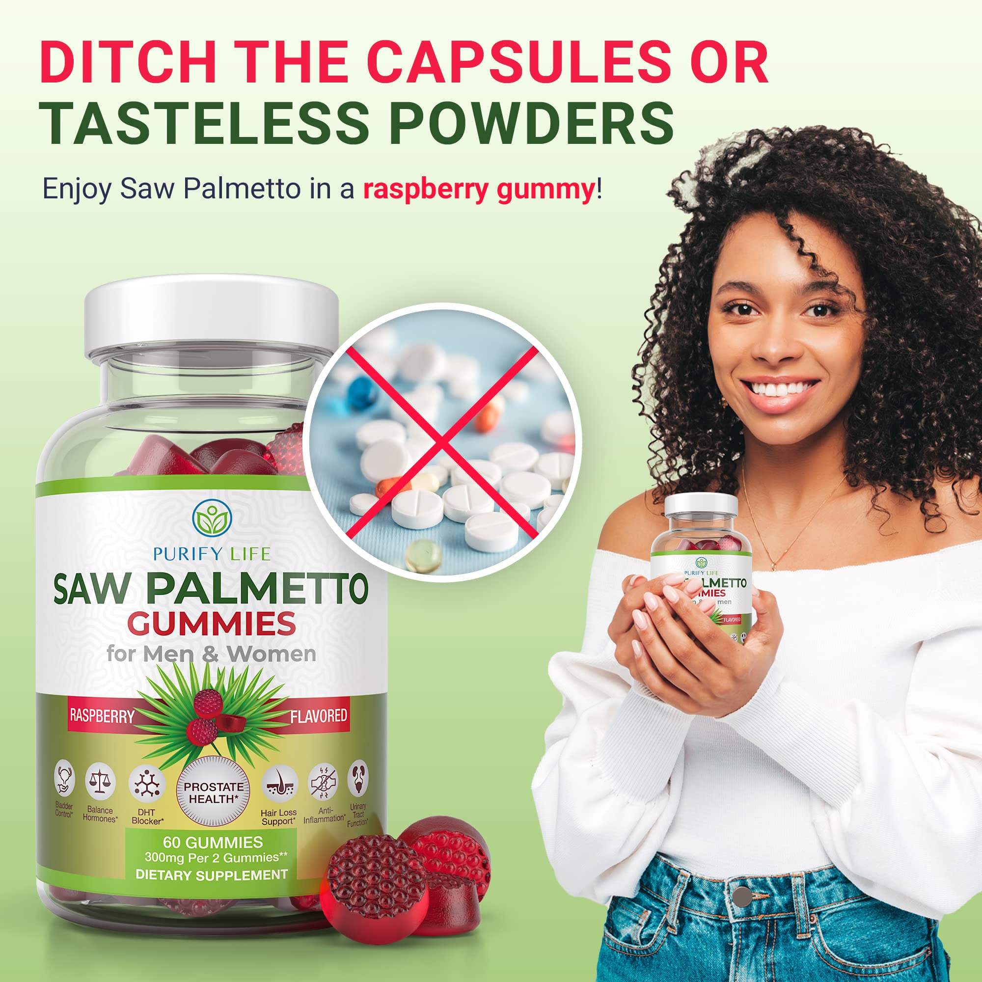 Purify Life Saw Palmetto Gummies in a hand for size reference