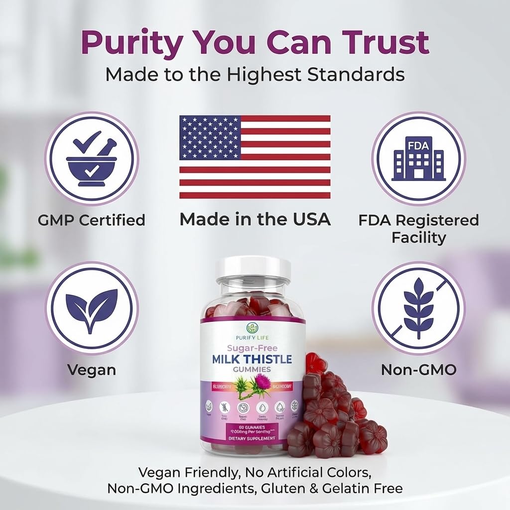 Purify Life Sugar-Free Milk Thistle Gummies on a wooden table