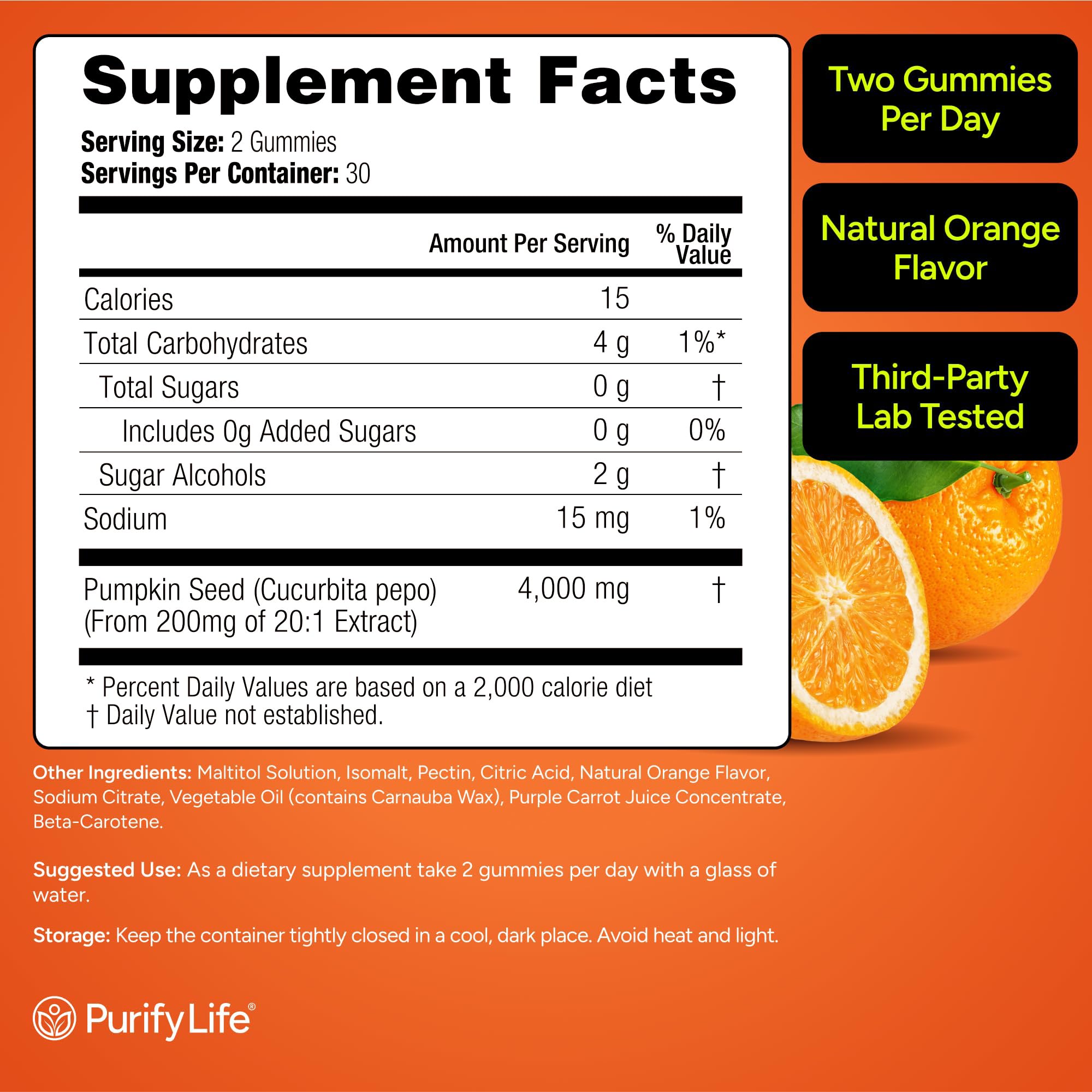 Purify Life Sugar-Free Pumpkin Seed Oil Gummies with ingredients