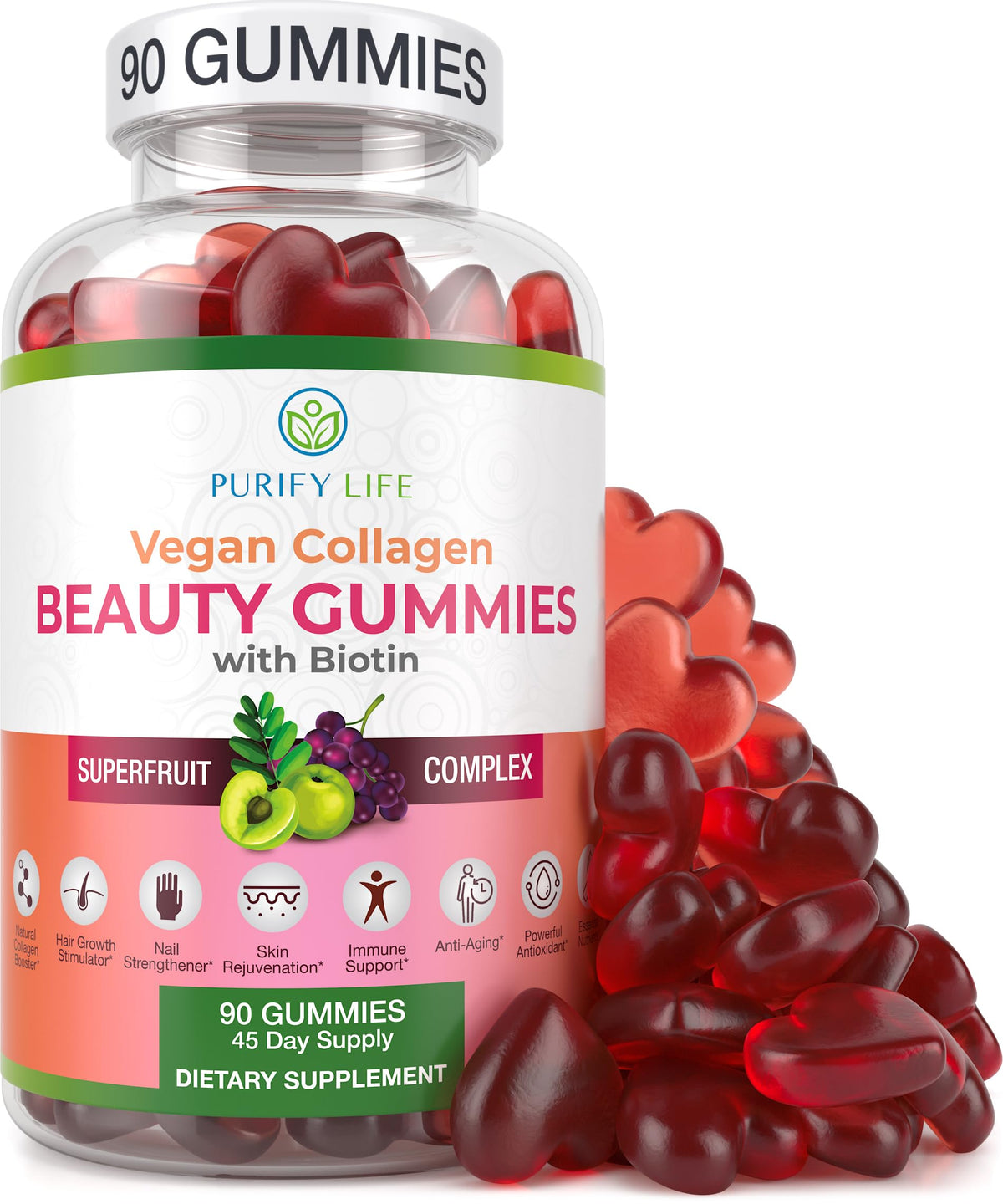 Purify Life Vegan Collagen Gummies front view with packaging