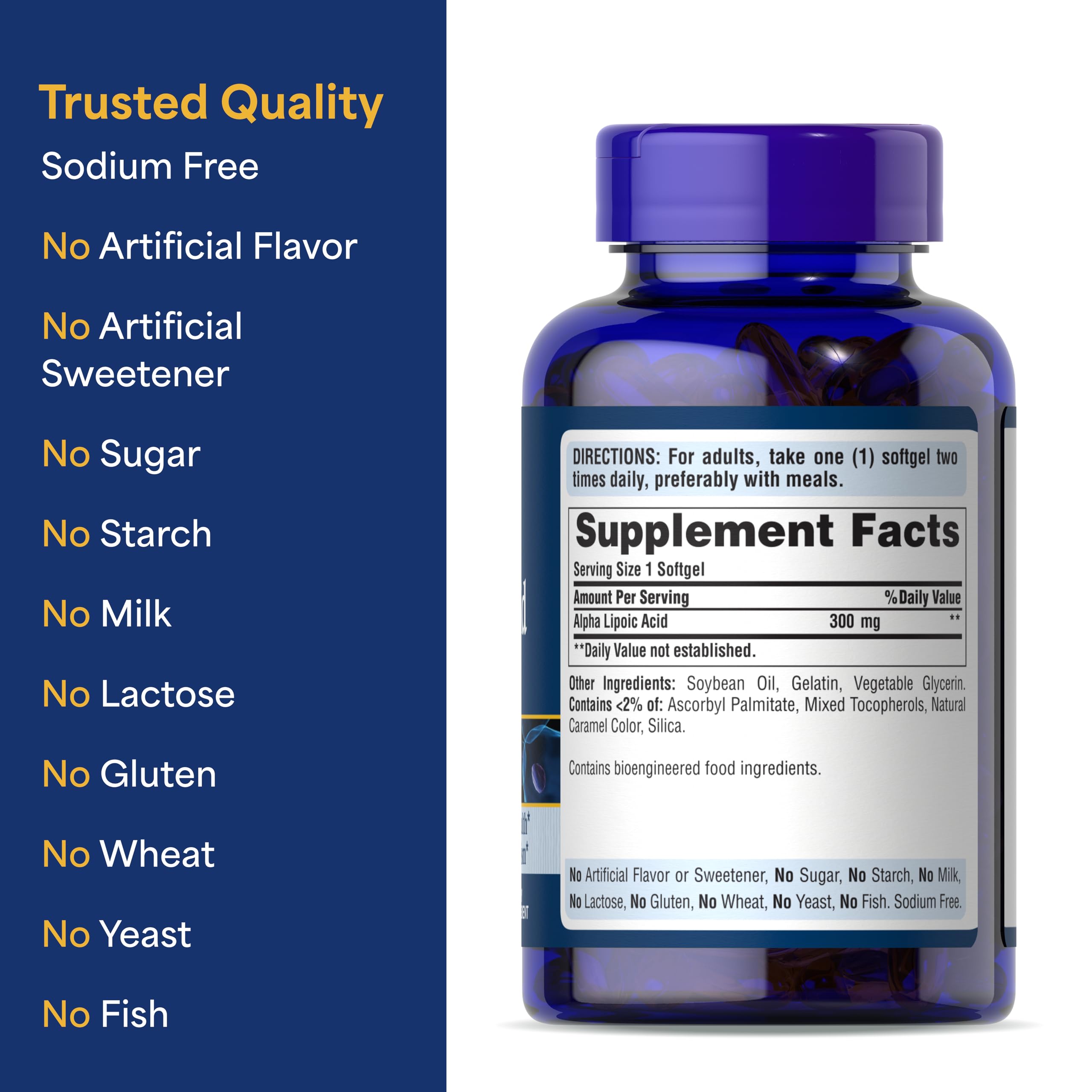 Puritan's Pride Alpha Lipoic Acid 300mg softgels on wooden table