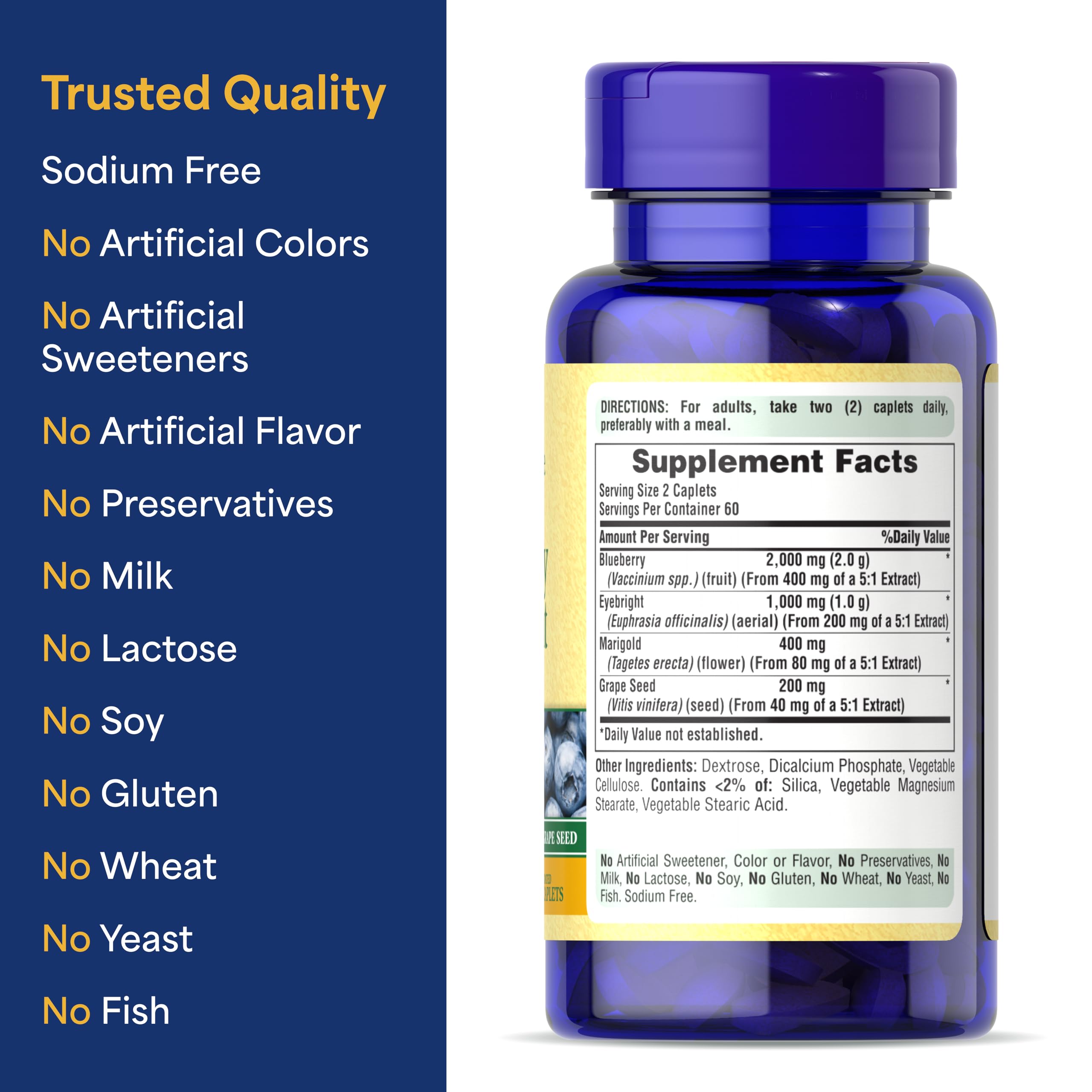 Puritan's Pride Blueberry Eyebright Complex 120 Tablets on a wooden table