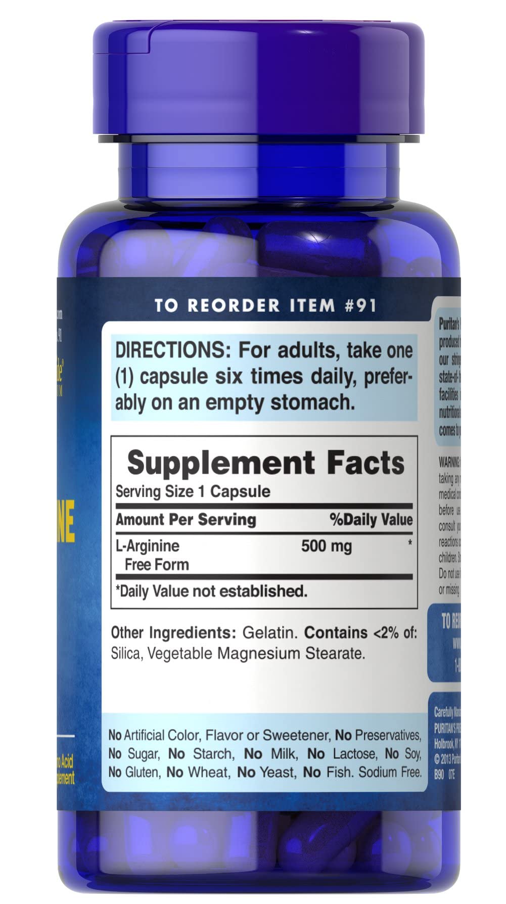 Puritan's Pride L-Arginine capsules side view showing dosage