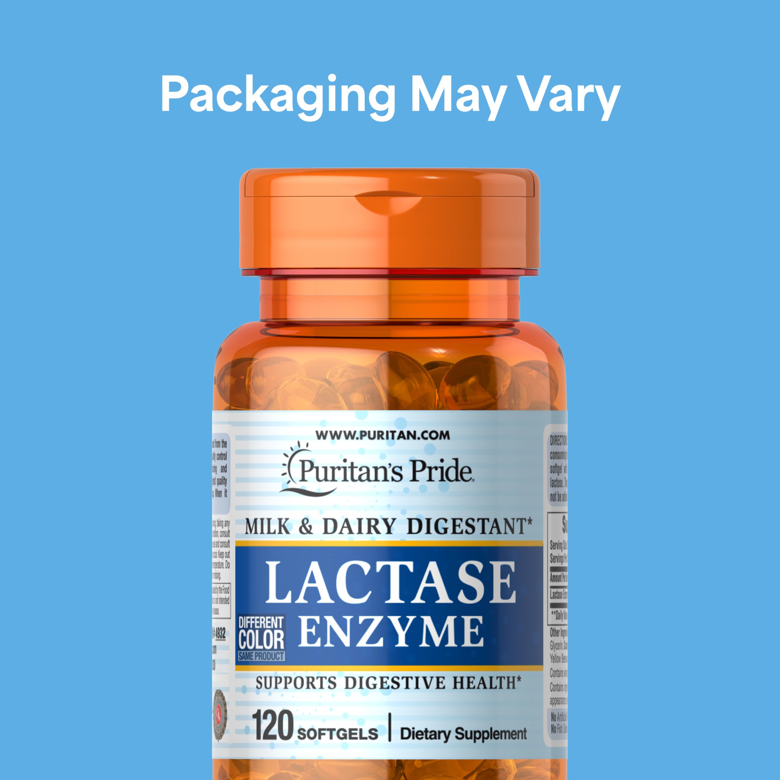 Puritan's Pride Lactase Enzyme Formula 375mg back view with ingredients