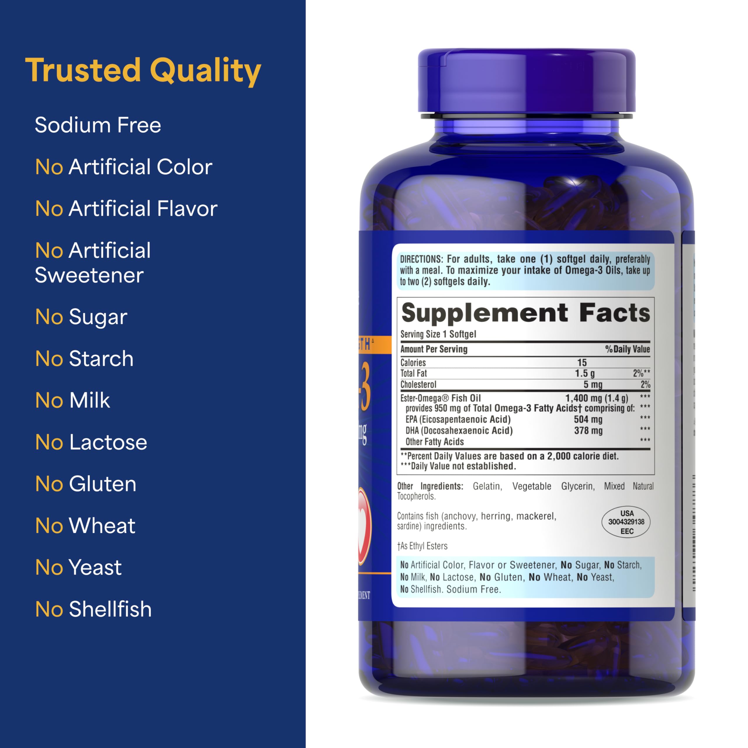 Puritan's Pride Omega-3 Fish Oil bottle with a measuring spoon