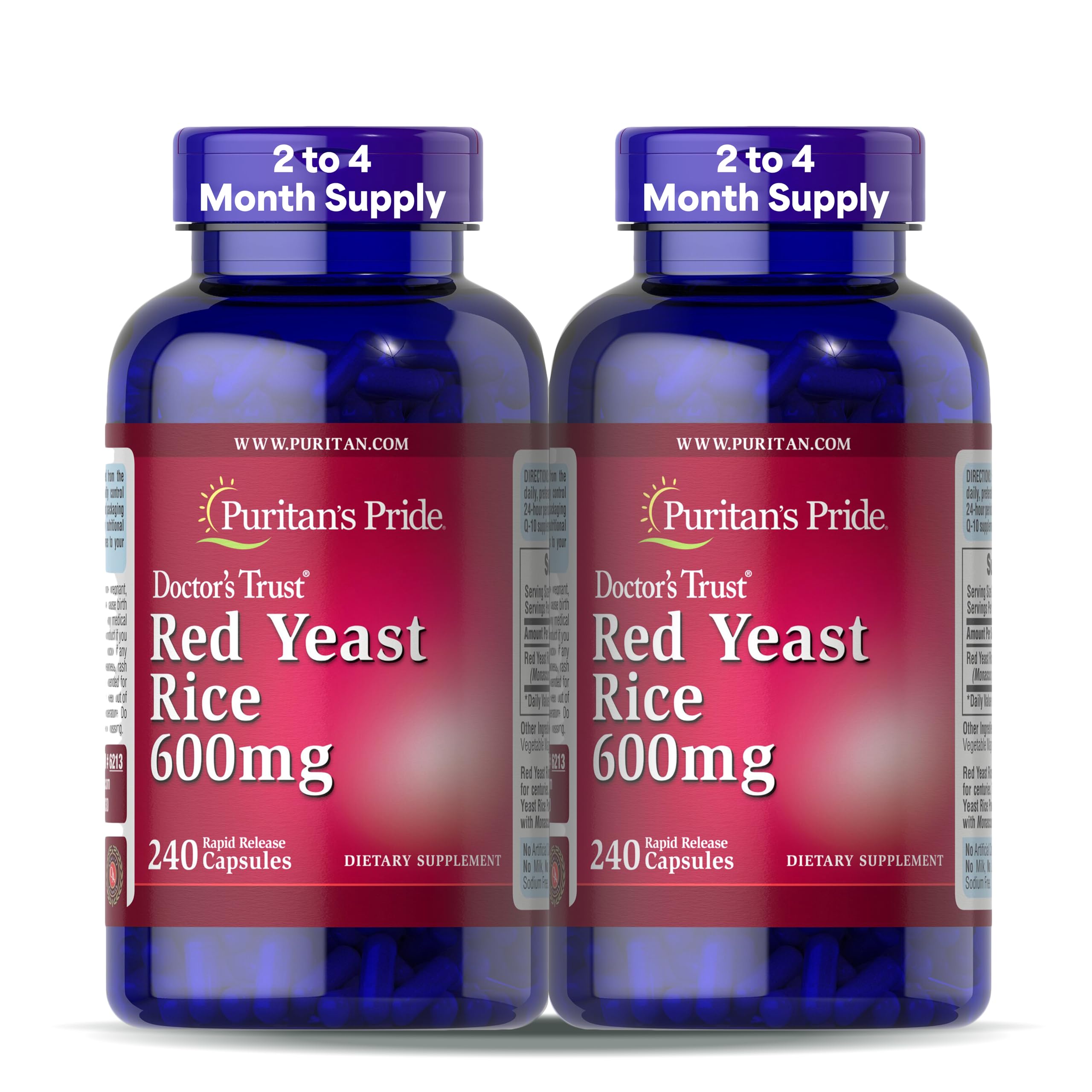 Puritan's Pride Red Yeast Rice 600mg 240 Capsules front view