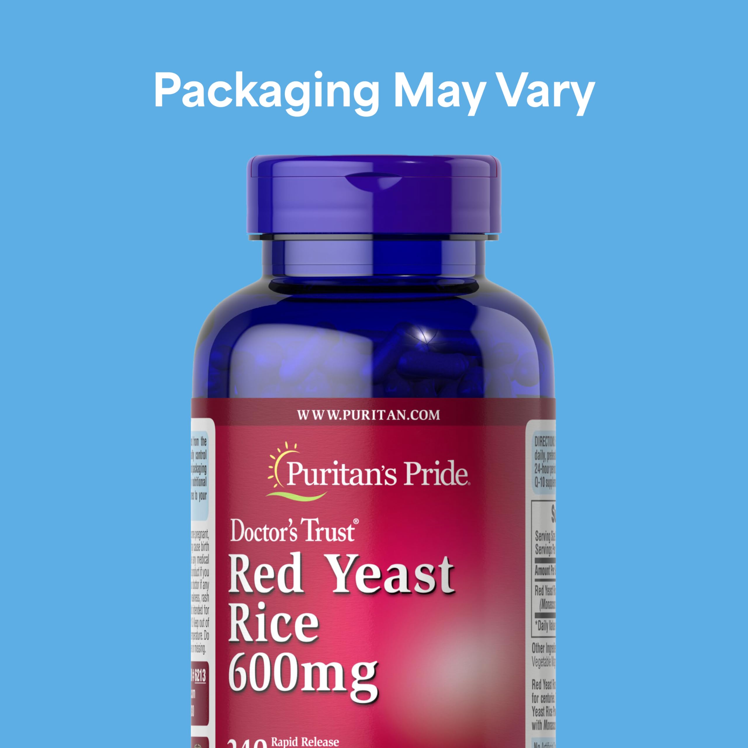 Puritan's Pride Red Yeast Rice 600mg 240 Capsules side view