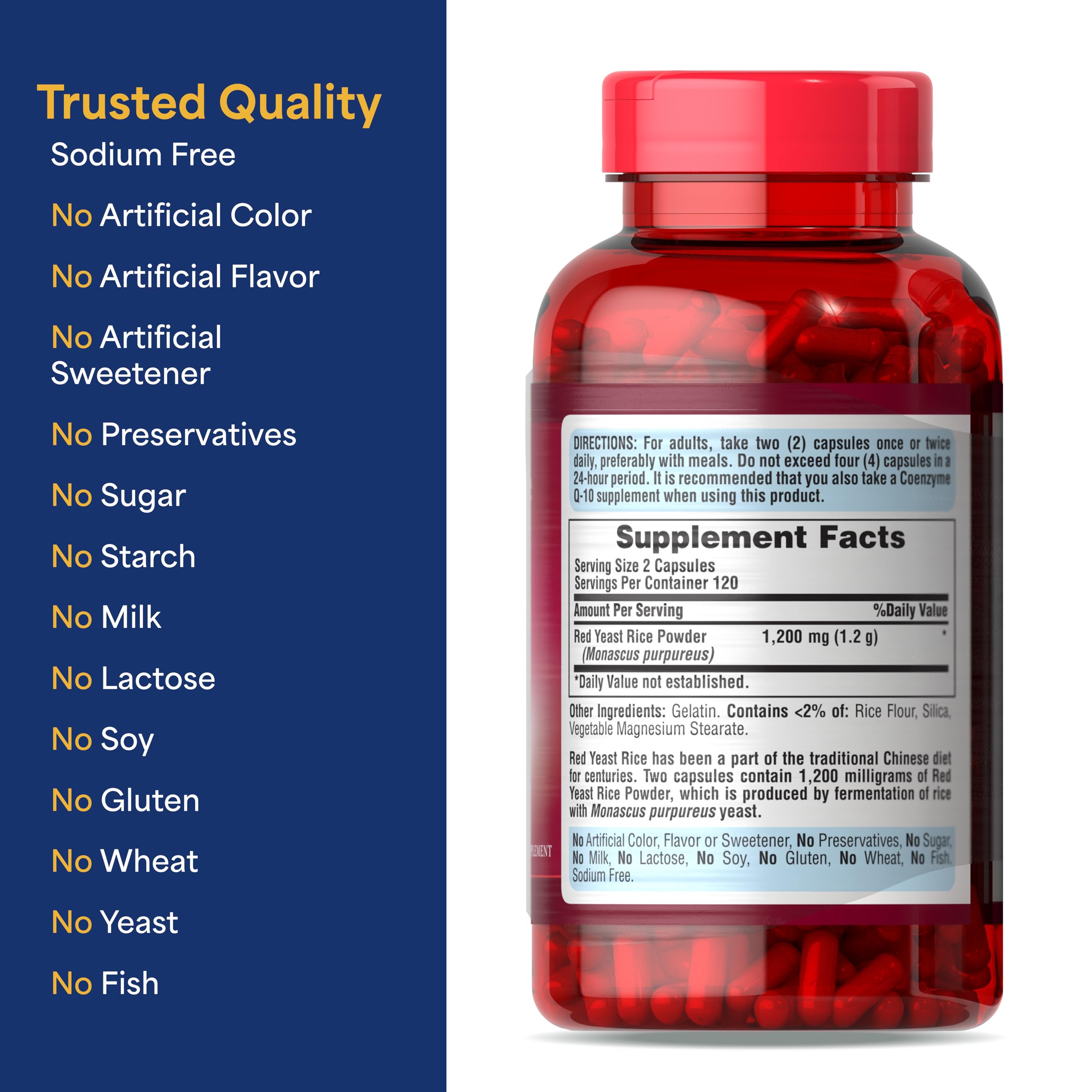 Puritan's Pride Red Yeast Rice 600mg capsules with a measuring spoon