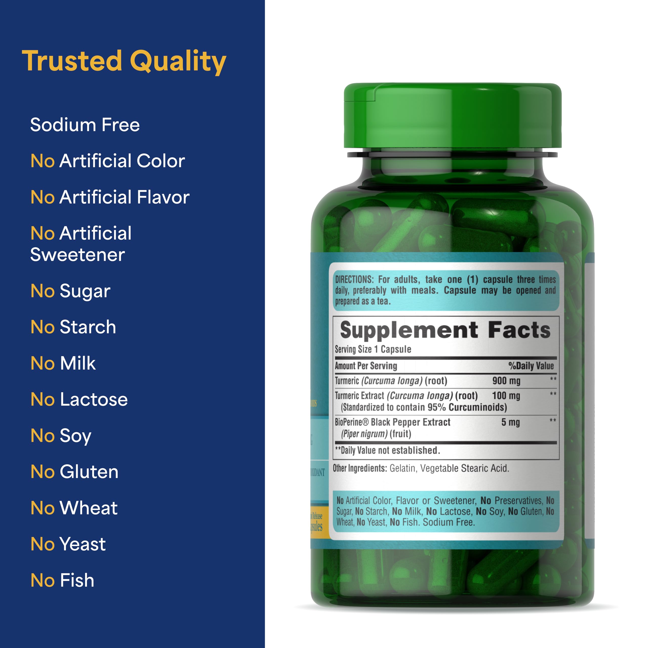 Puritan's Pride Turmeric Curcumin 1000 mg capsules on a wooden table
