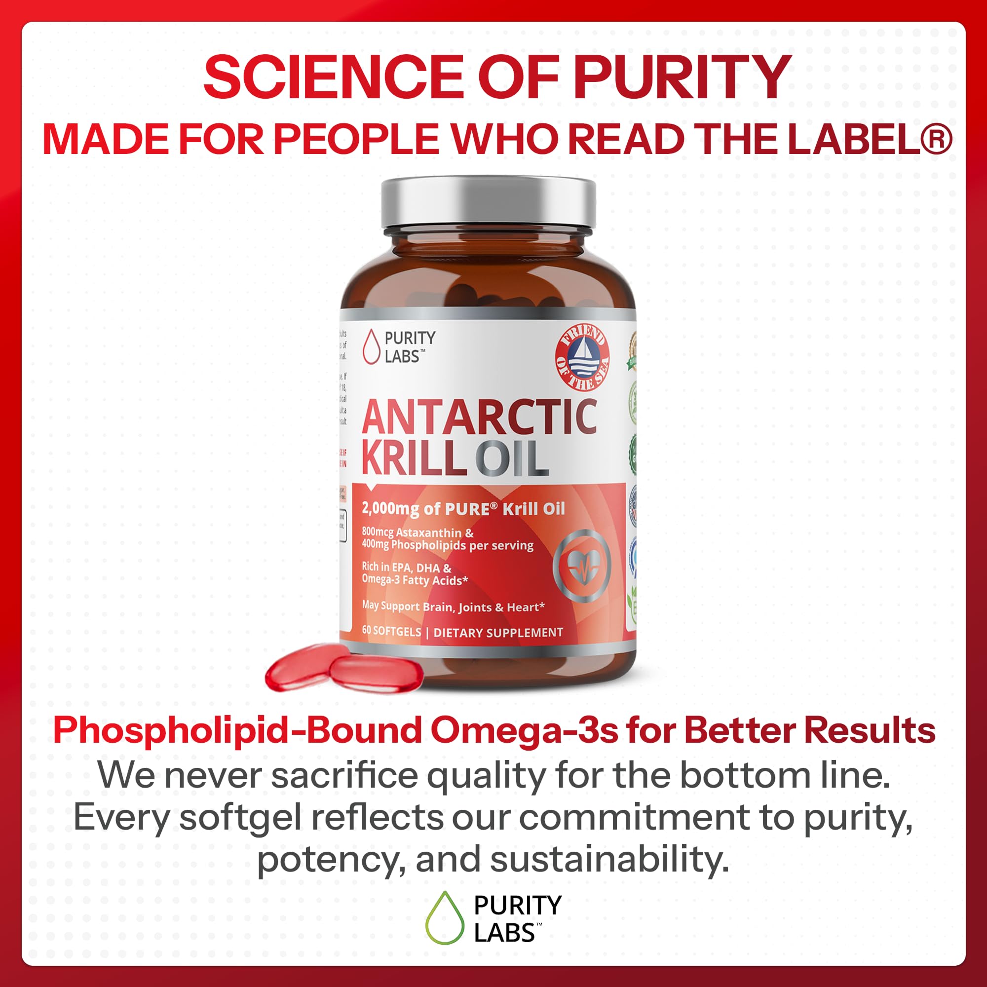 Purity Labs Antarctic Krill Oil softgels and a glass of water