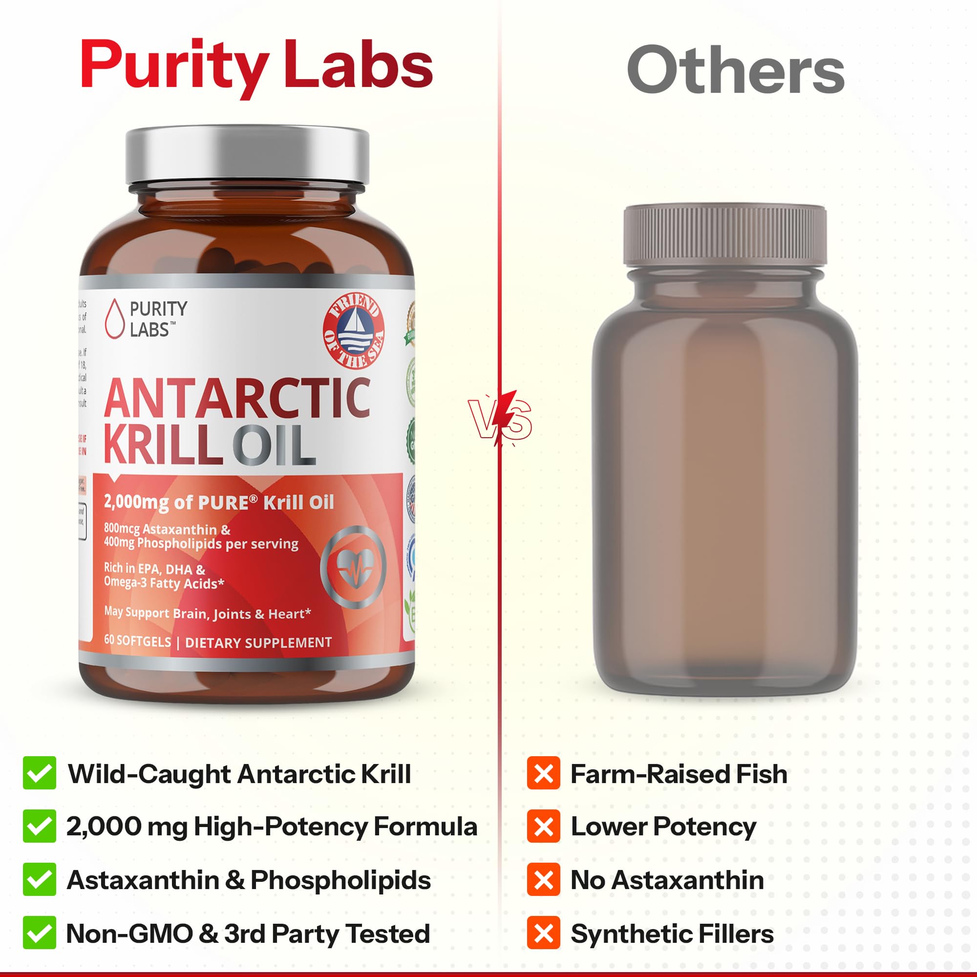 Purity Labs Antarctic Krill Oil softgels on a wooden table