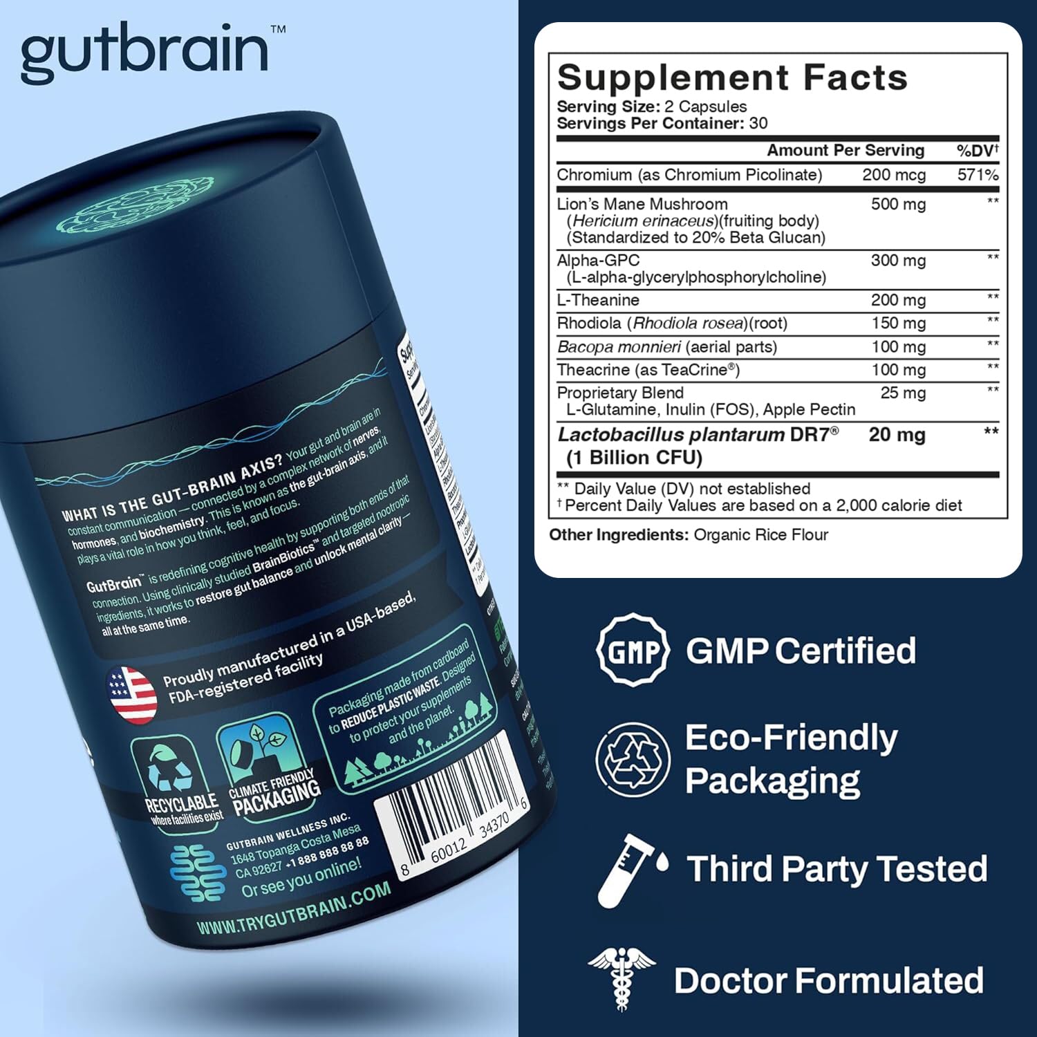 Purity Labs Brain Upgrade Supplement side view showing ingredient list