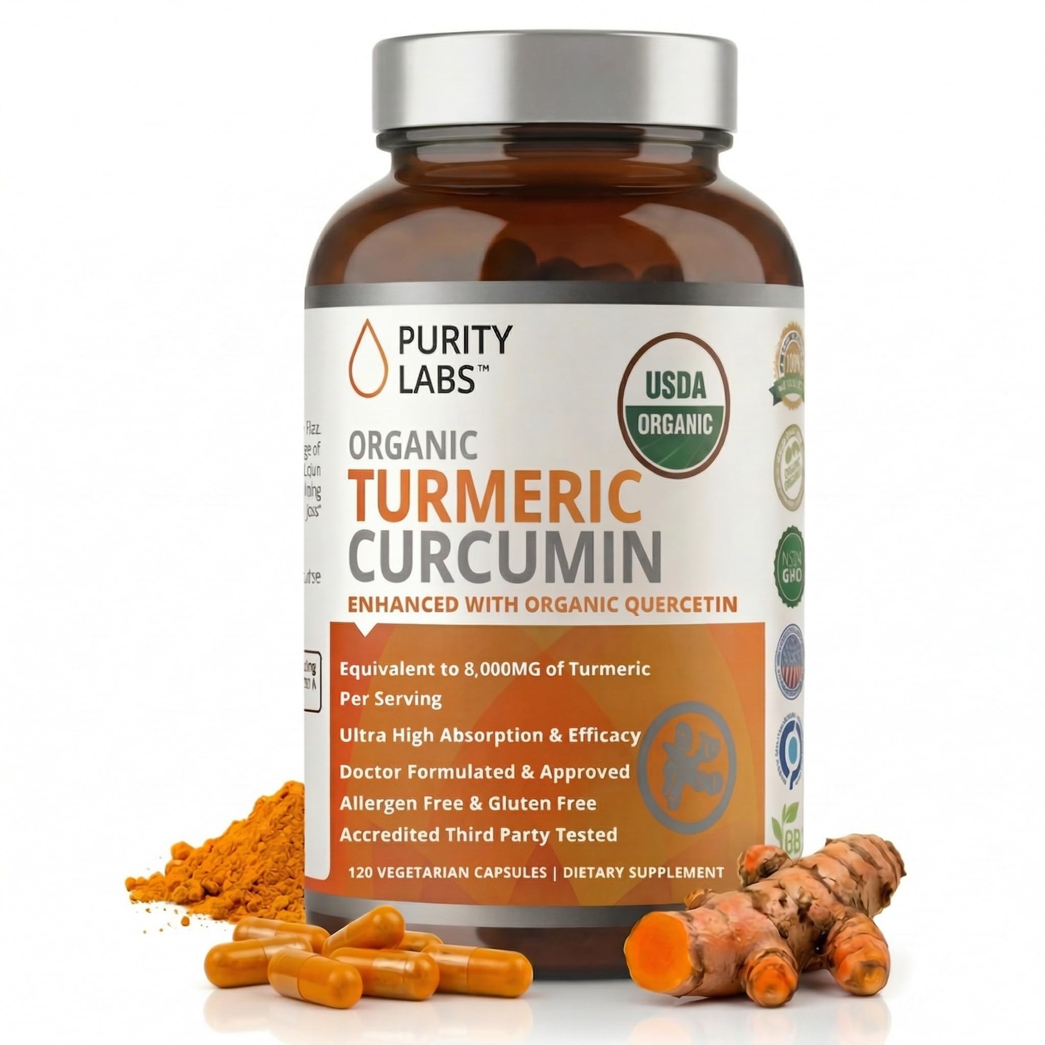 Purity Labs Organic Turmeric Curcumin Supplement 120 veggie capsules front view