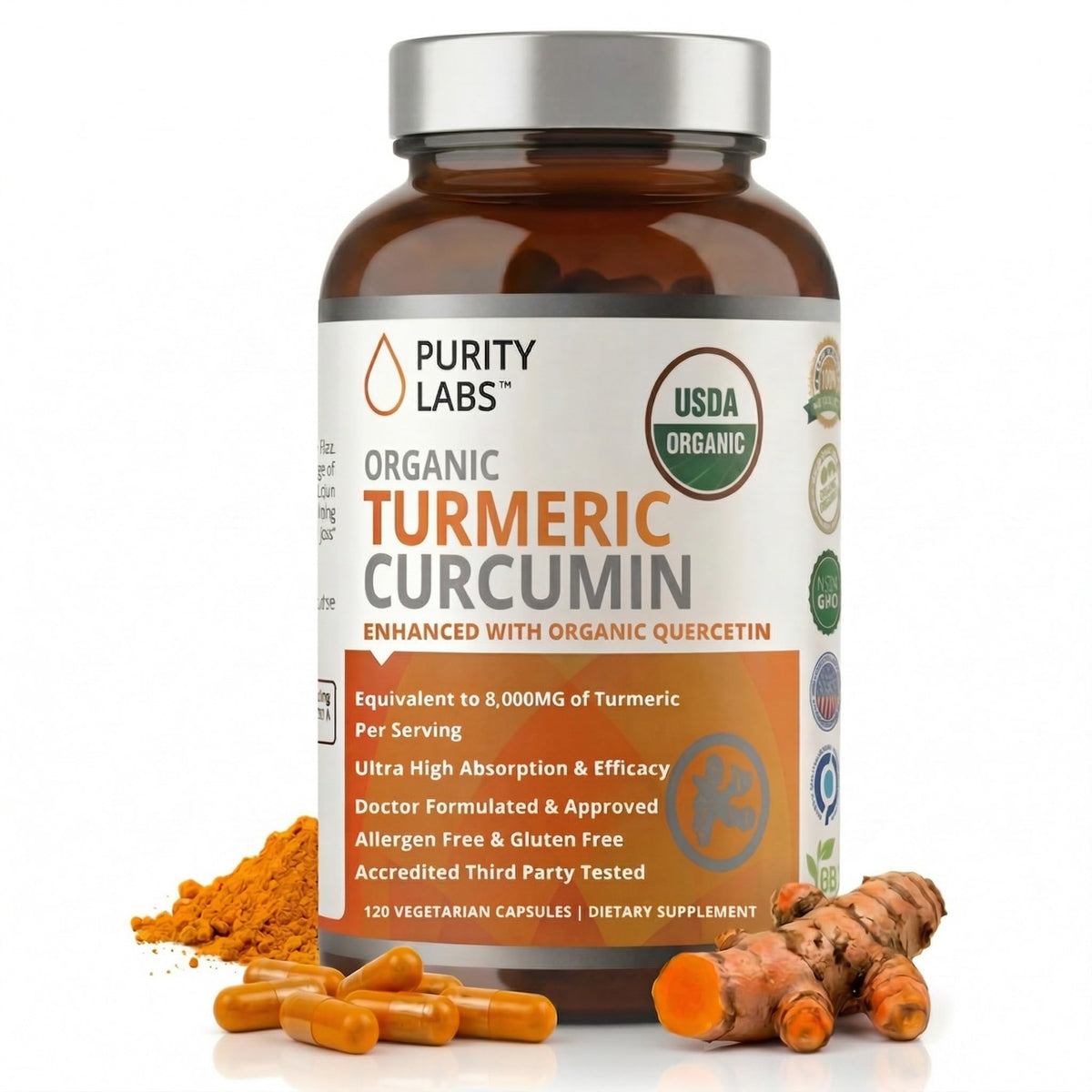 Purity Labs Organic Turmeric Curcumin Supplement 120 veggie capsules front view