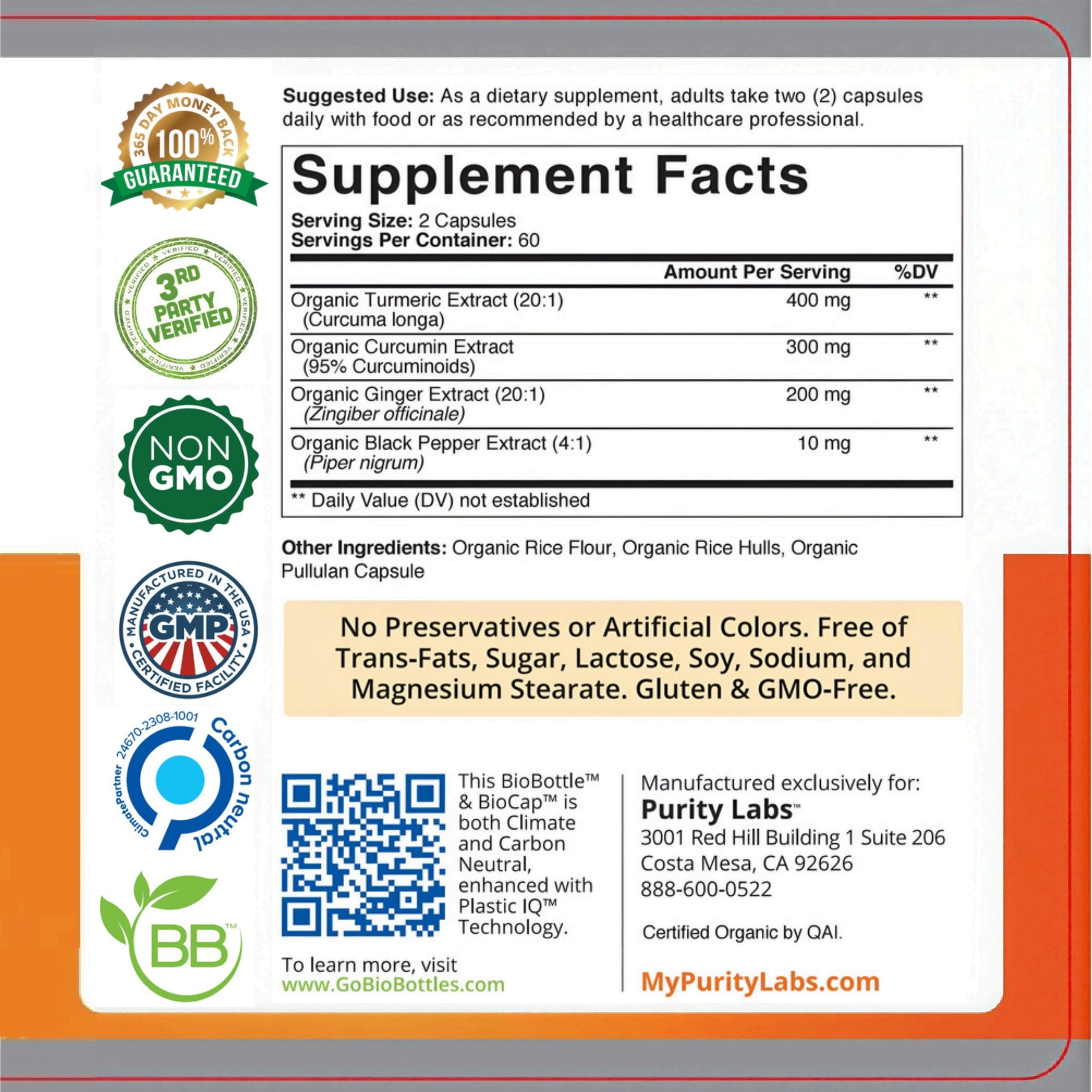Purity Labs Organic Turmeric Curcumin Supplement bottle with label