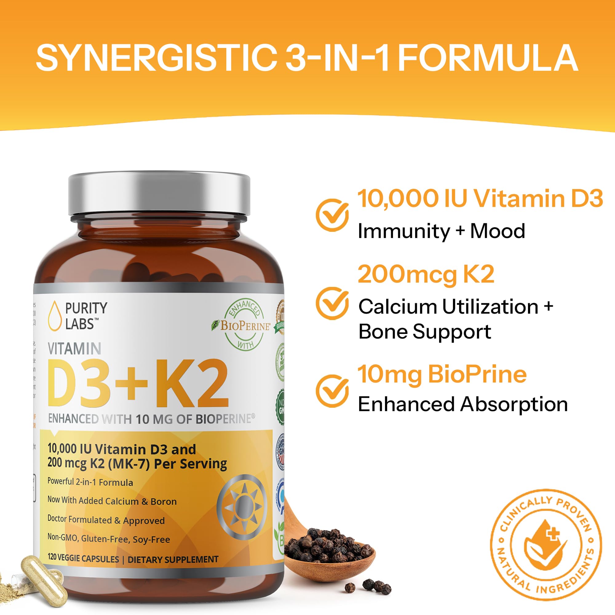 Purity Labs Vitamin D3 & K2 capsules on a wooden table